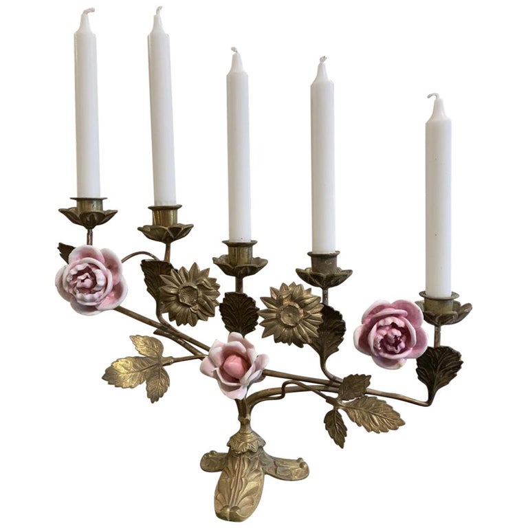Brass and Porcelain Floral Church Candelabras, France at 1stDibs