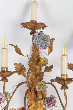 Brass and Porcelain Flower Wall Lamp, Early 20th Century