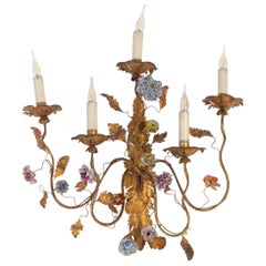 Brass and Porcelain Flower Wall Lamp, Early 20th Century