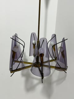 Brass and purple acrylic glass Chandelier attributed to Stilux Milano, 1960s