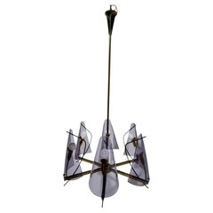 Brass and purple acrylic glass Chandelier attributed to Stilux Milano, 1960s