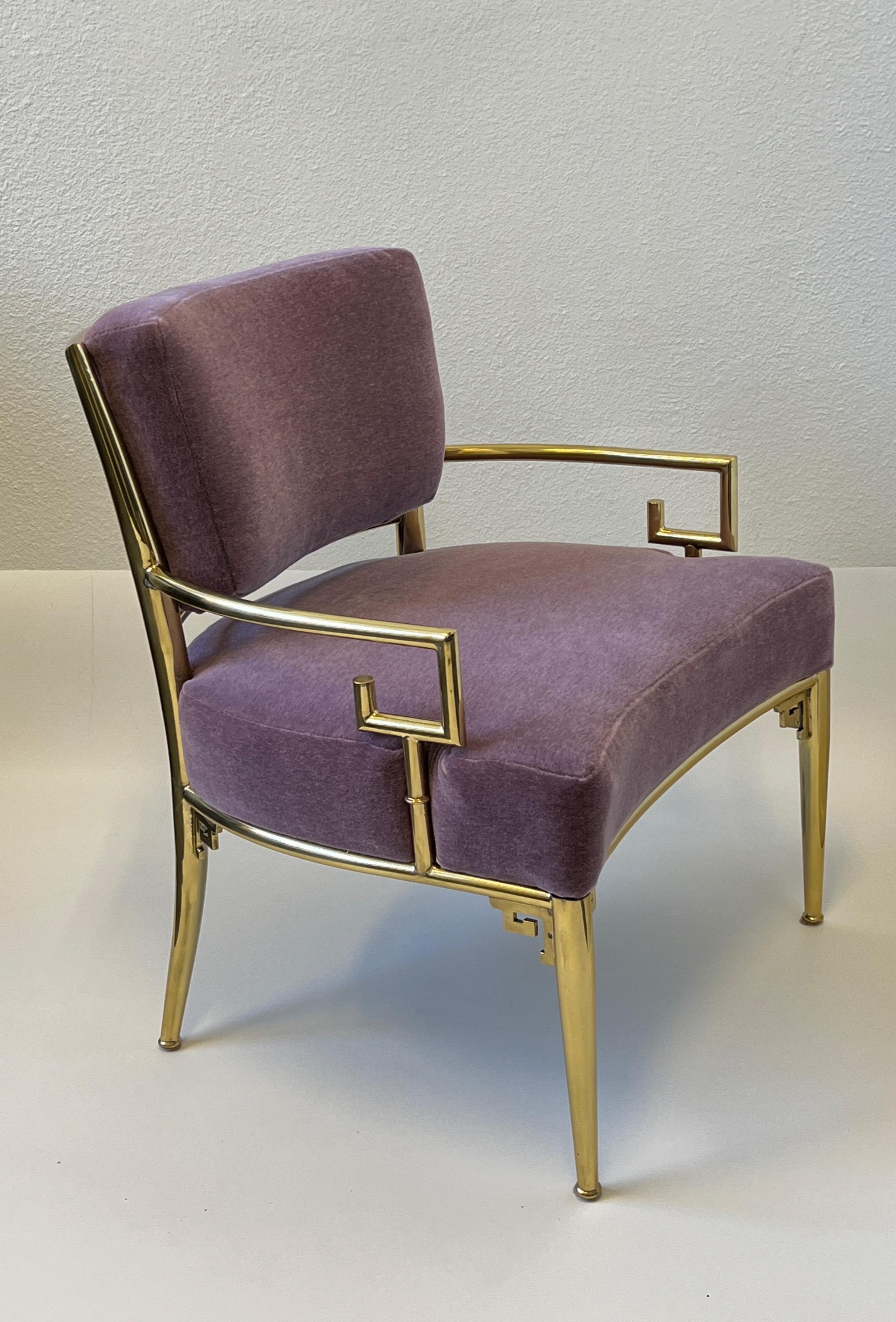 Glamorous 1970’s polish brass greek key lounge chair by Mastercraft.
Newly recovered with a soft purple mohair. 
The frame is in original condition, so it shows minor wear consistent with age. Small dent on one of the arms( see detail photos).
