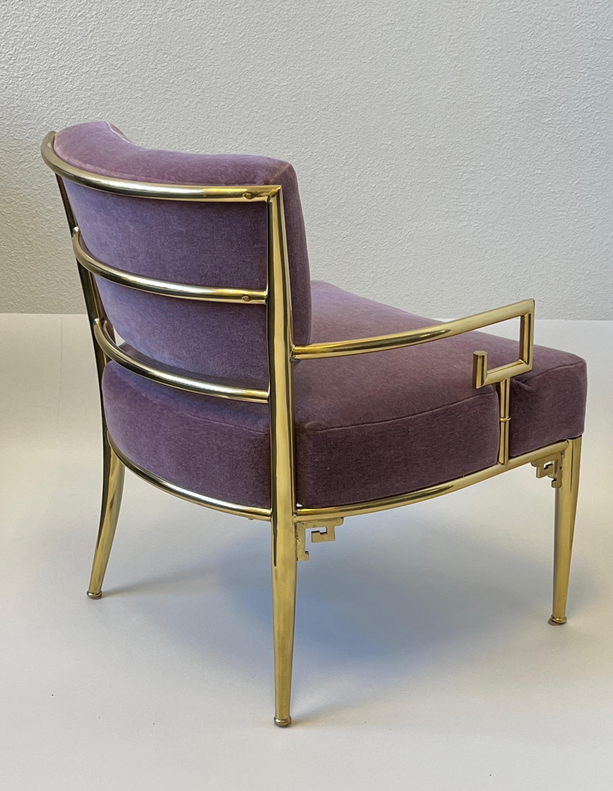 Hollywood Regency Brass and Purple Mohair Greek Key Lounge Chair by Mastercraft
