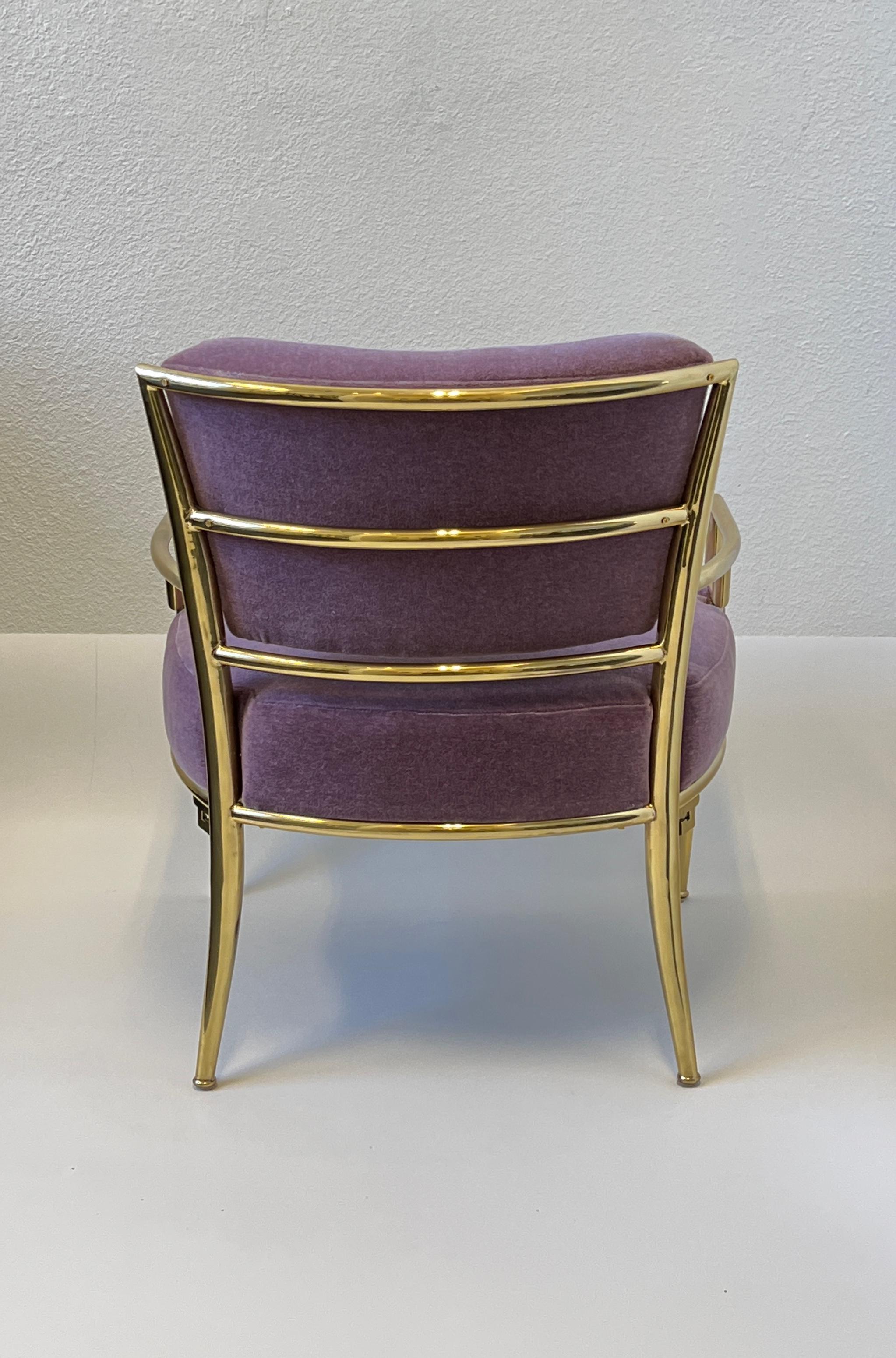 American Brass and Purple Mohair Greek Key Lounge Chair by Mastercraft
