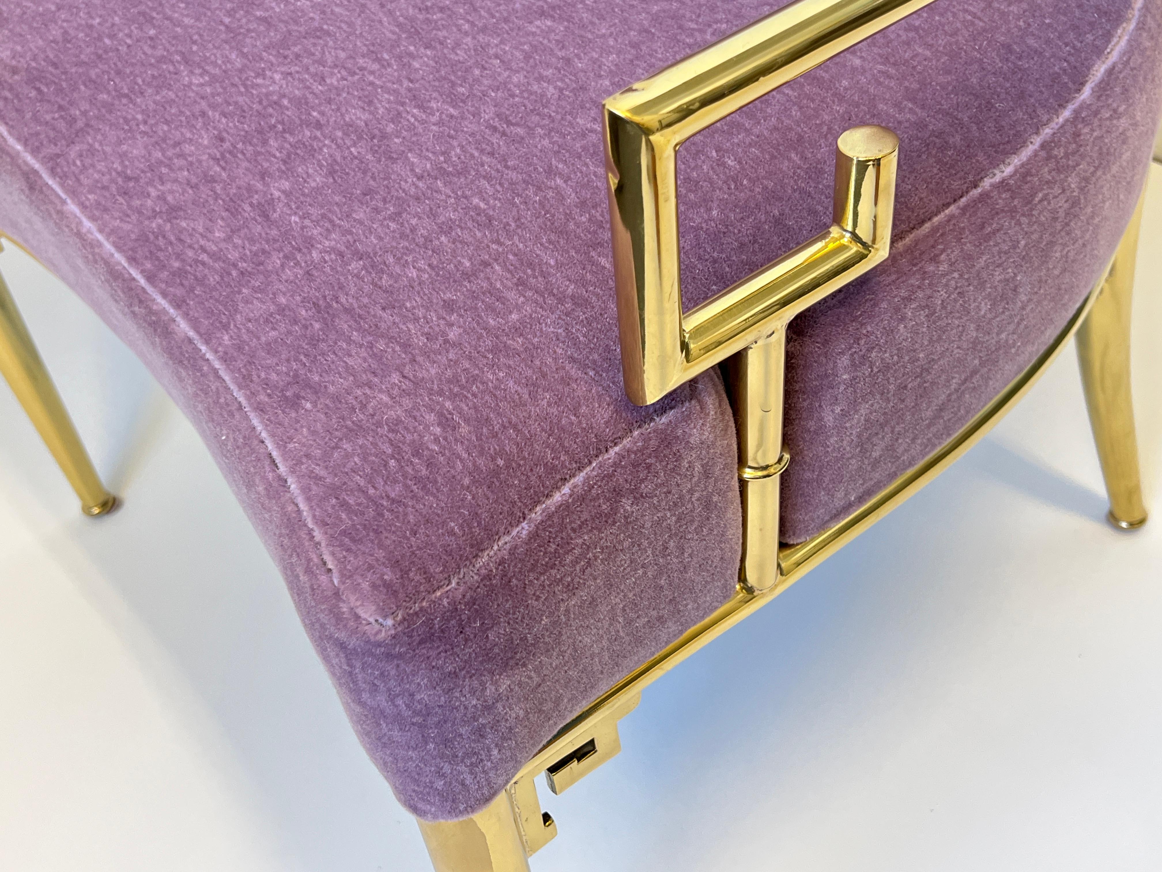 Polished Brass and Purple Mohair Greek Key Lounge Chair by Mastercraft
