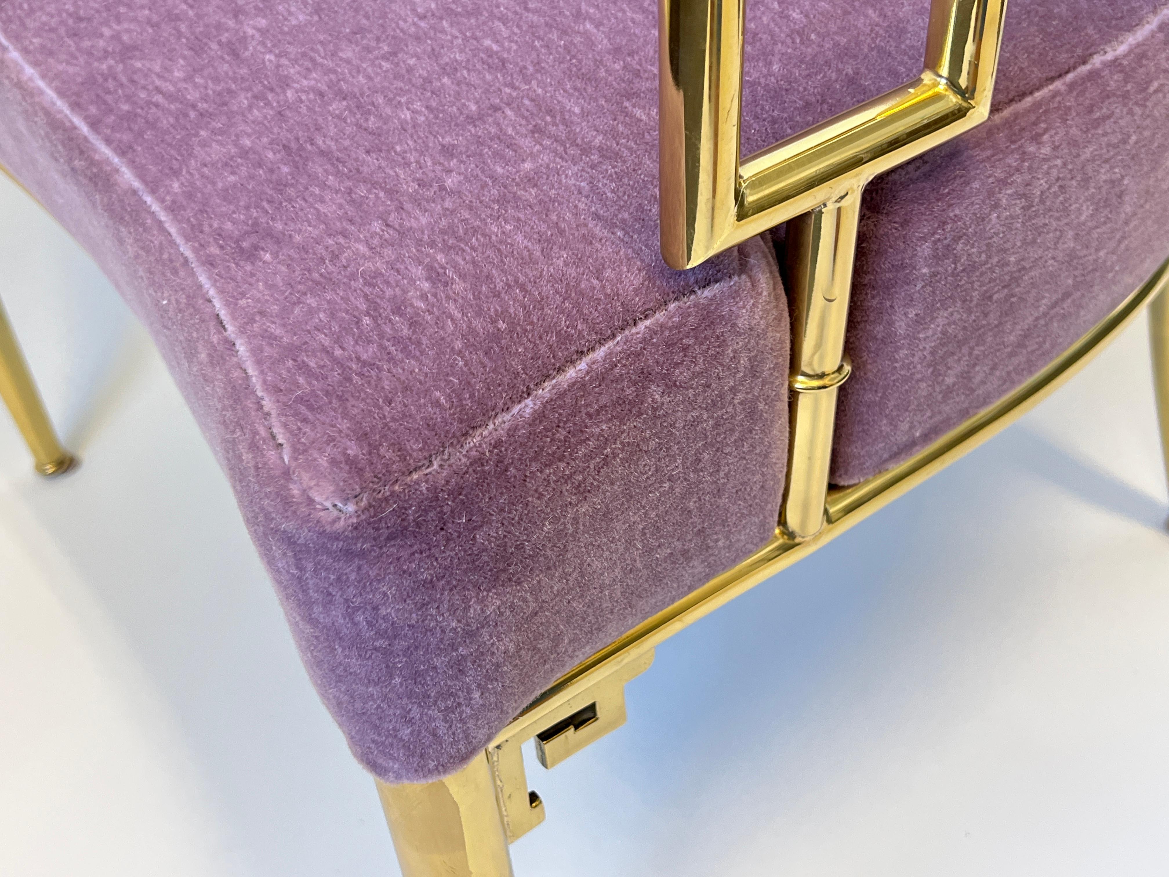 Brass and Purple Mohair Greek Key Lounge Chair by Mastercraft In Good Condition In Palm Springs, CA