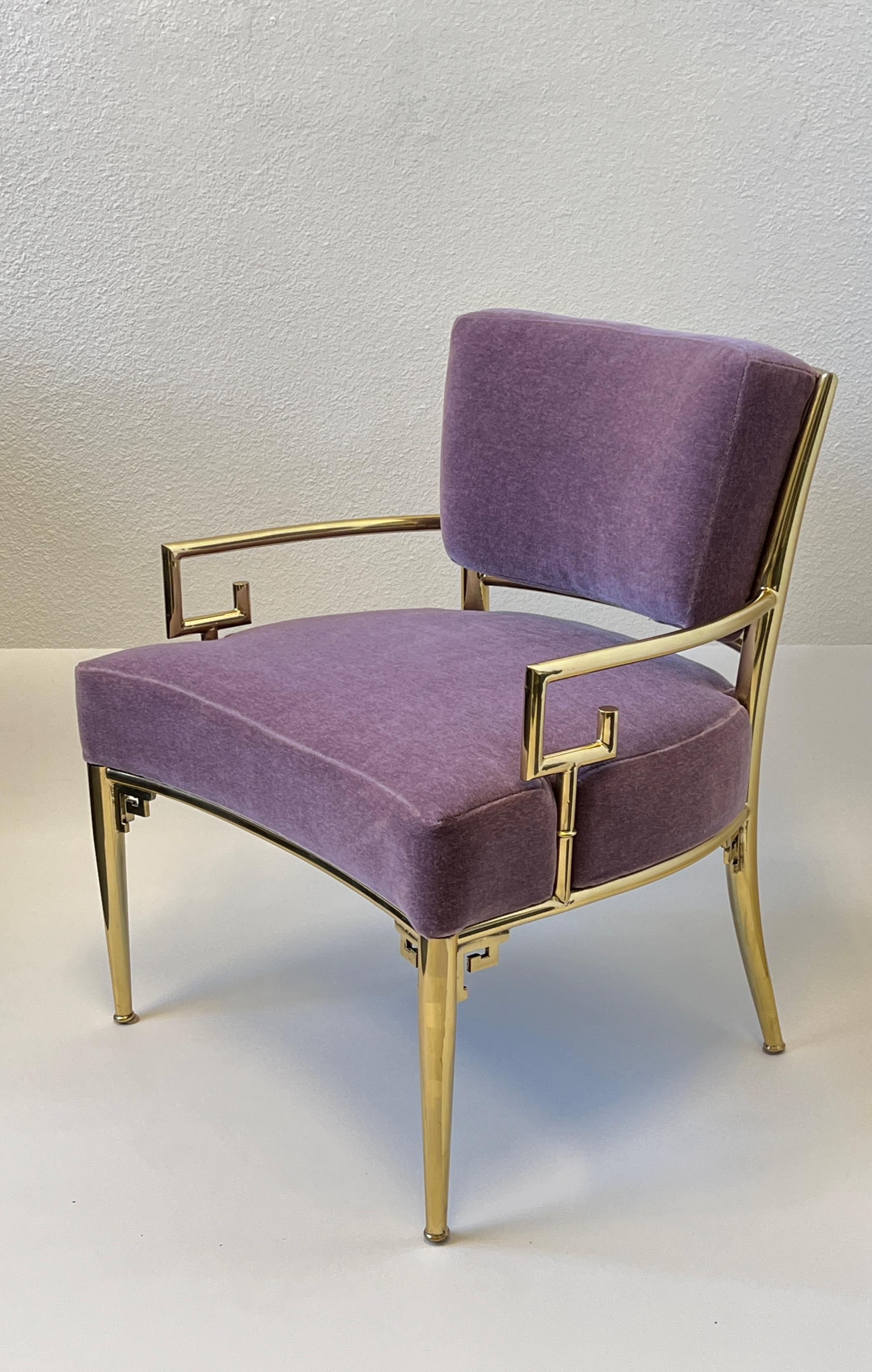Brass and Purple Mohair Greek Key Lounge Chair by Mastercraft 1