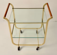 Brass and Rattan Bar Cart in Style of Carl Aubock
