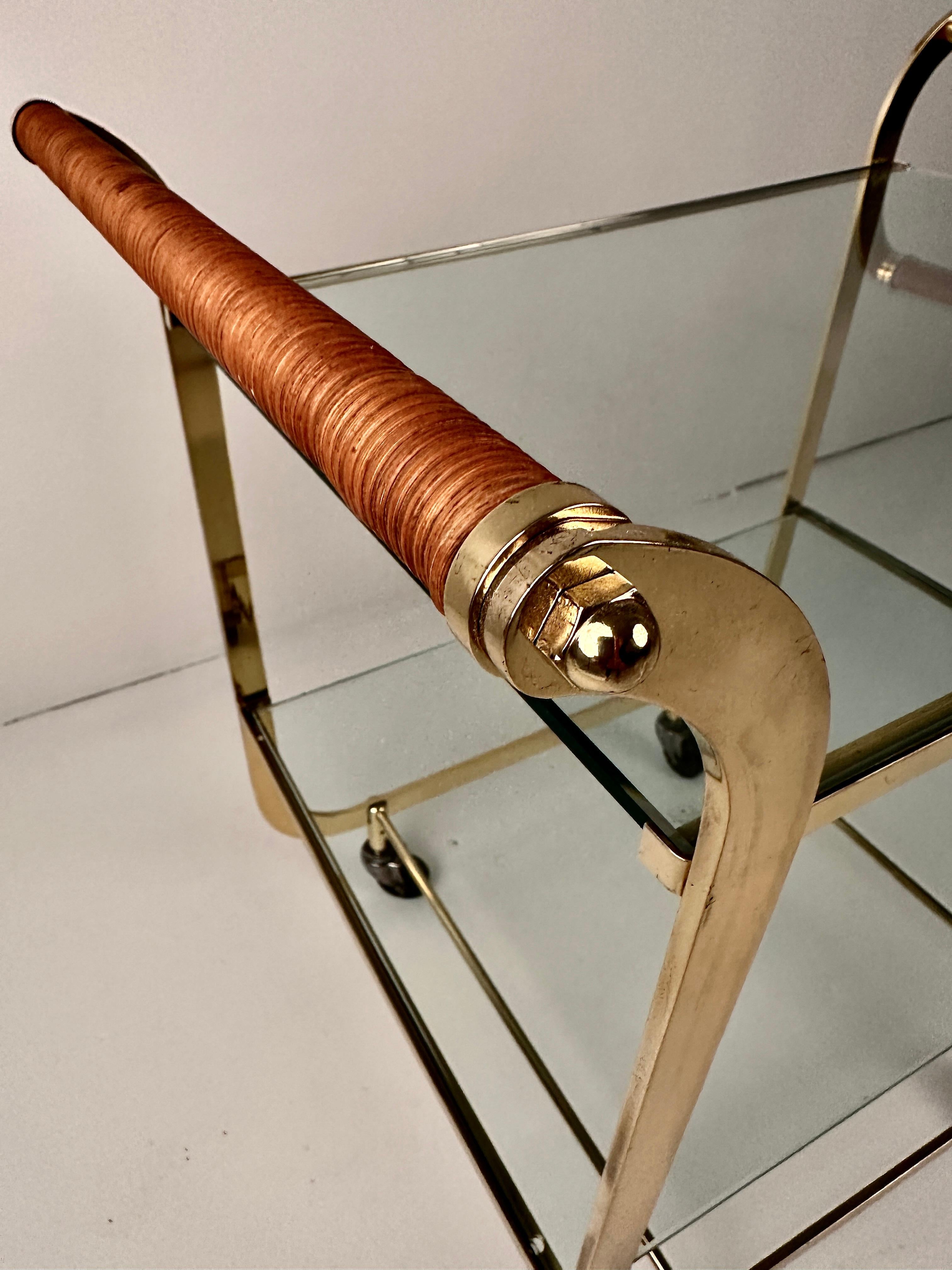 Brass and Rattan Bar Cart in Style of Carl Aubock 2