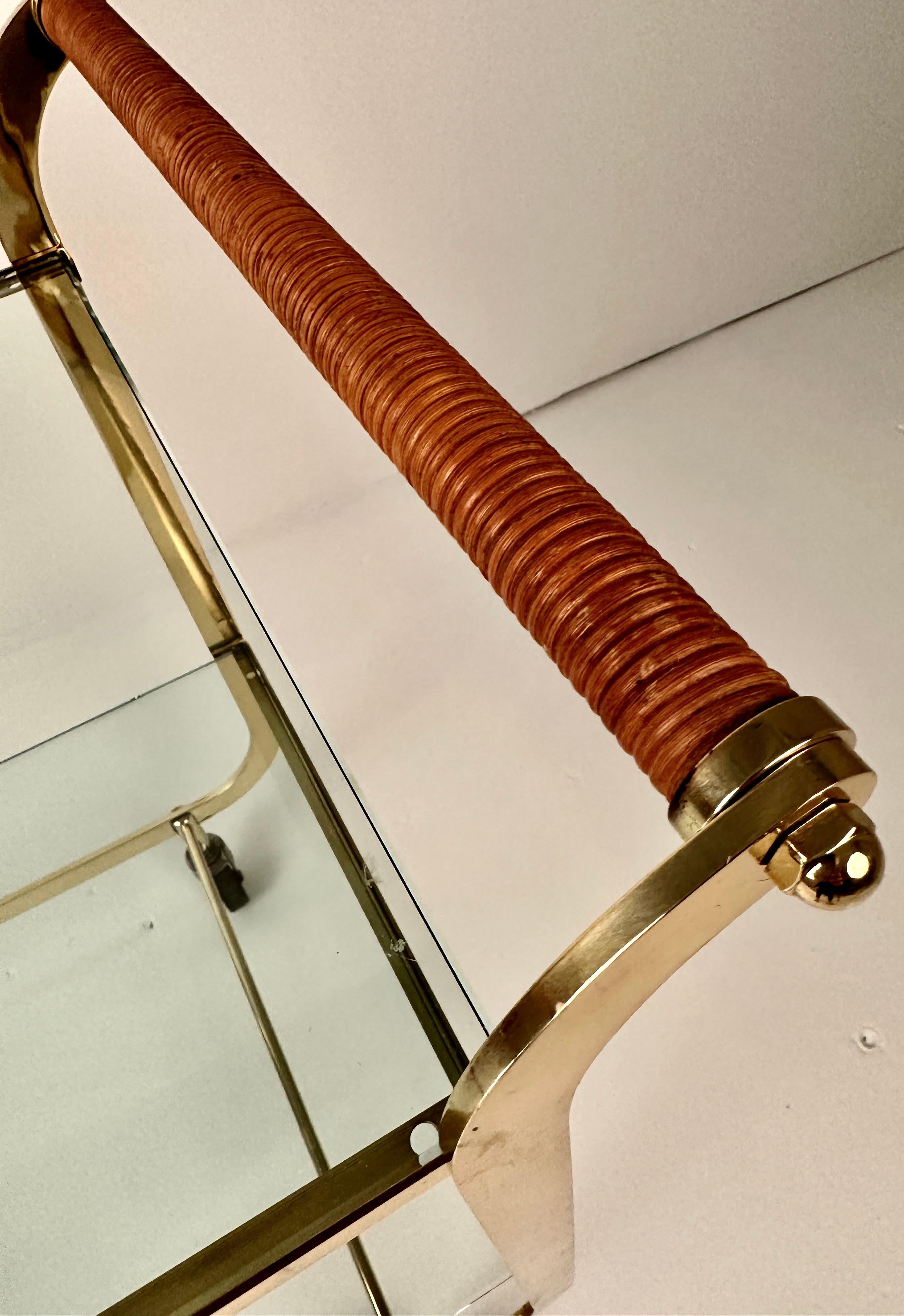 Brass and Rattan Bar Cart in Style of Carl Aubock 3