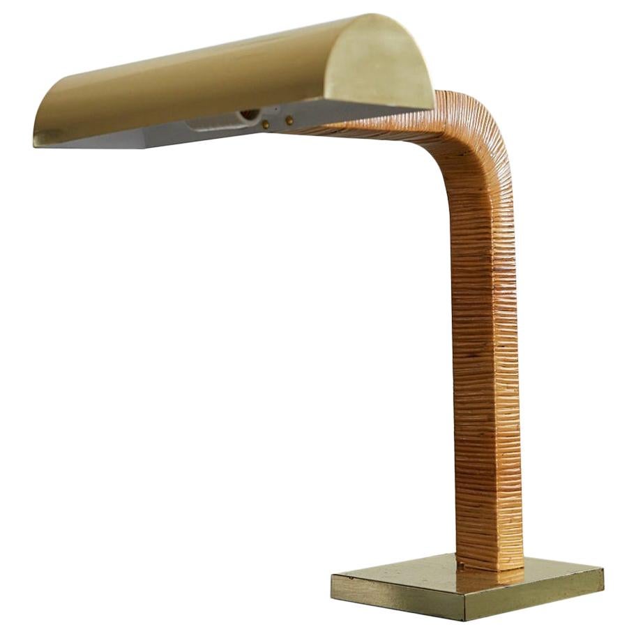 Brass and Rattan Desk Lamp Attributed to Paavo Tynell