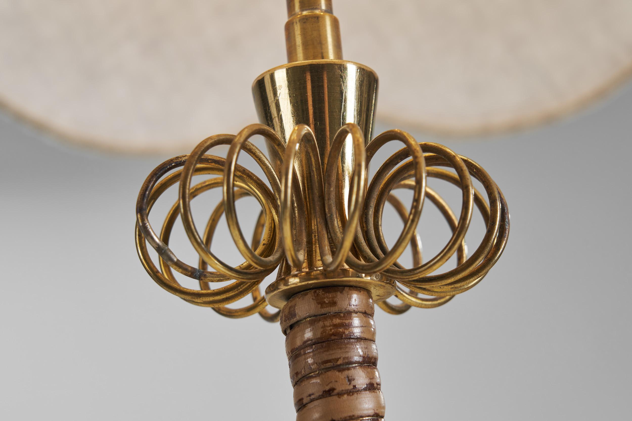 Brass and Rattan Floor Lamp with Spiral Decoration by Itsu, Finland 1950s 8