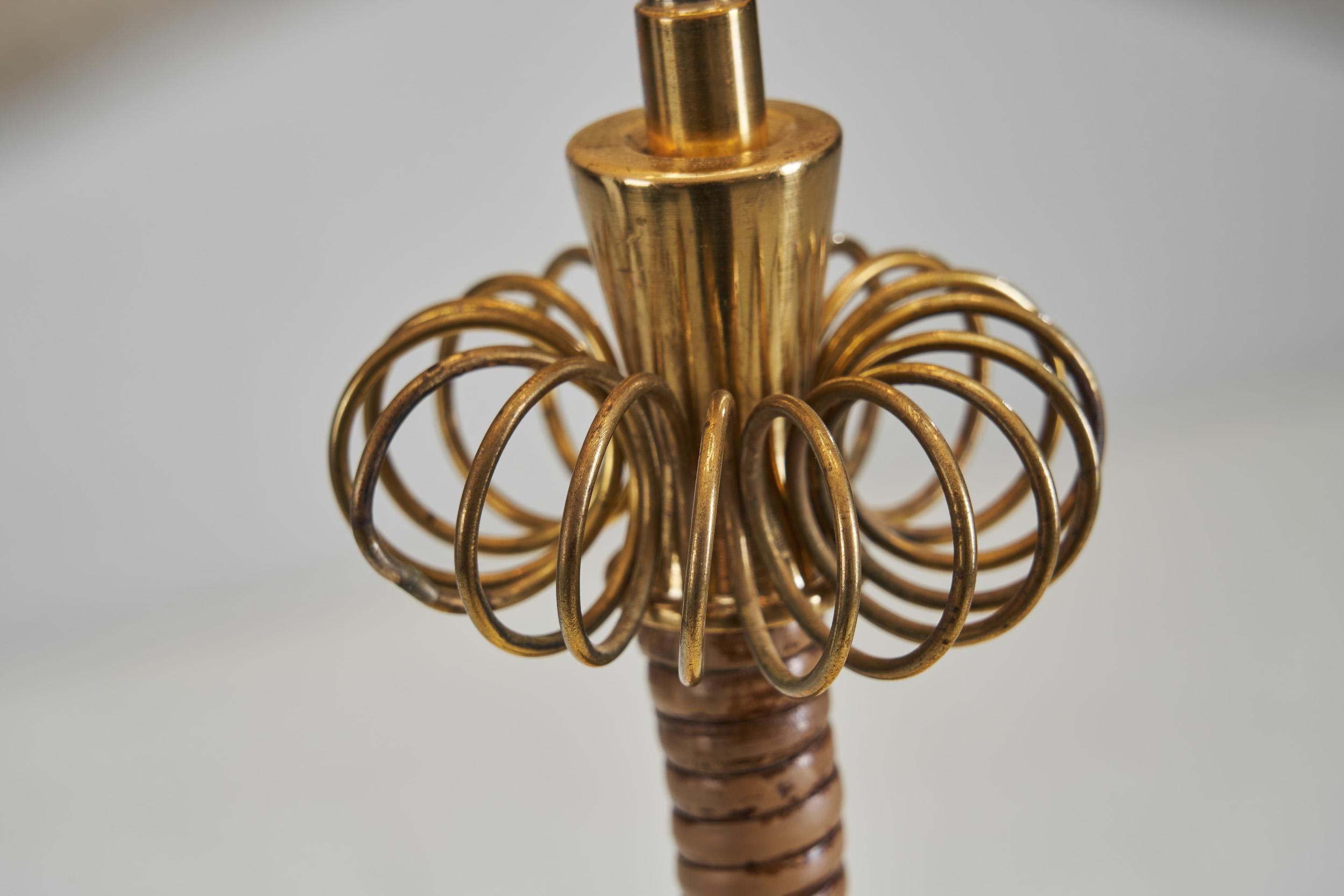 Brass and Rattan Floor Lamp with Spiral Decoration by Itsu, Finland 1950s 9