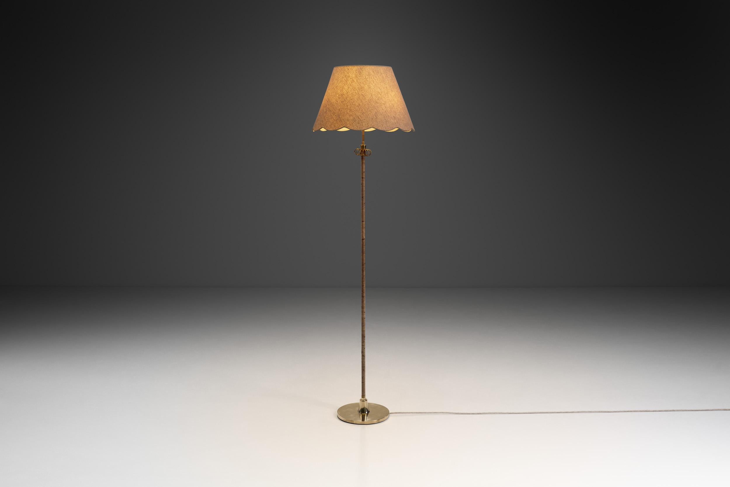 Finnish Brass and Rattan Floor Lamp with Spiral Decoration by Itsu, Finland 1950s