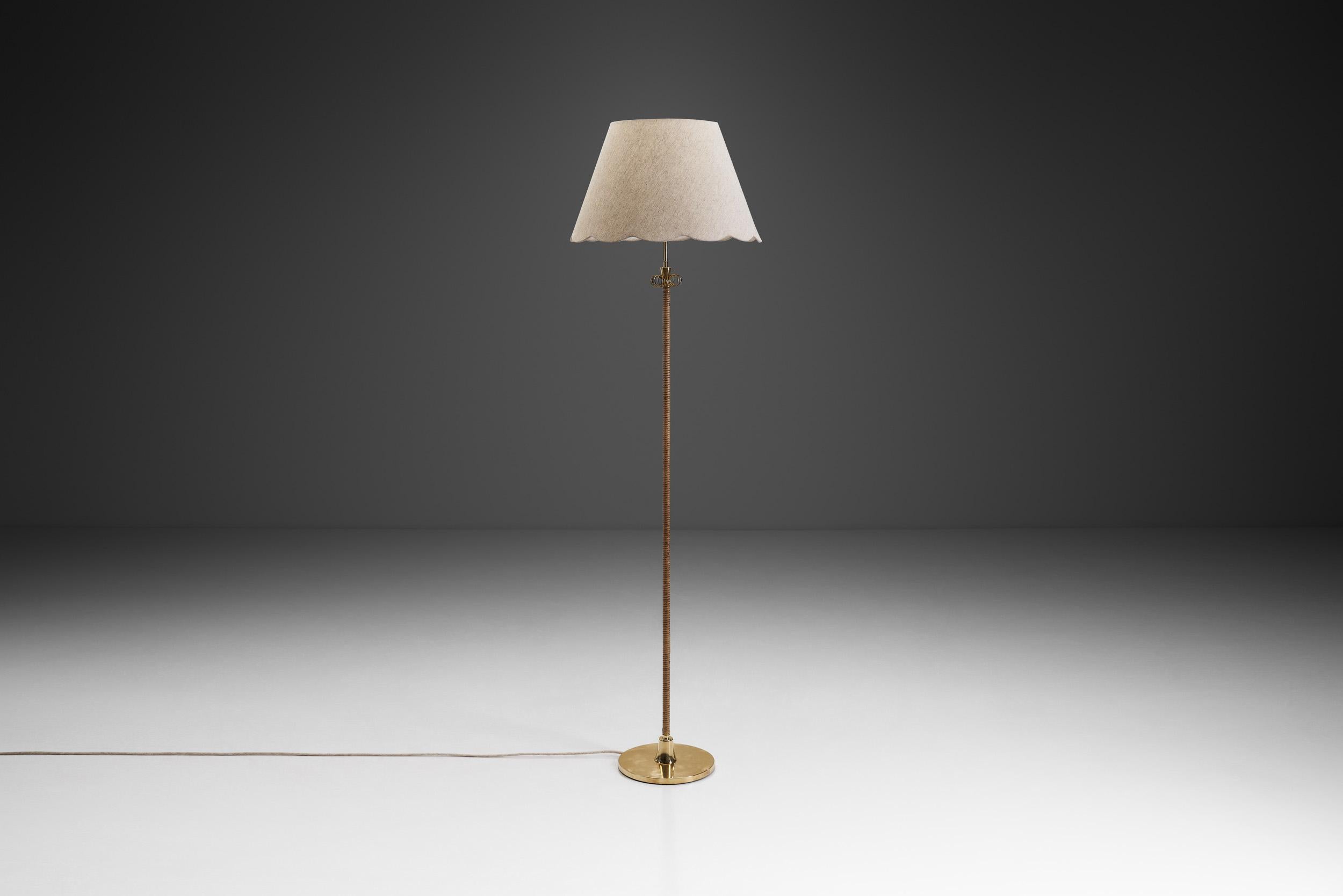 Brass and Rattan Floor Lamp with Spiral Decoration by Itsu, Finland 1950s 1
