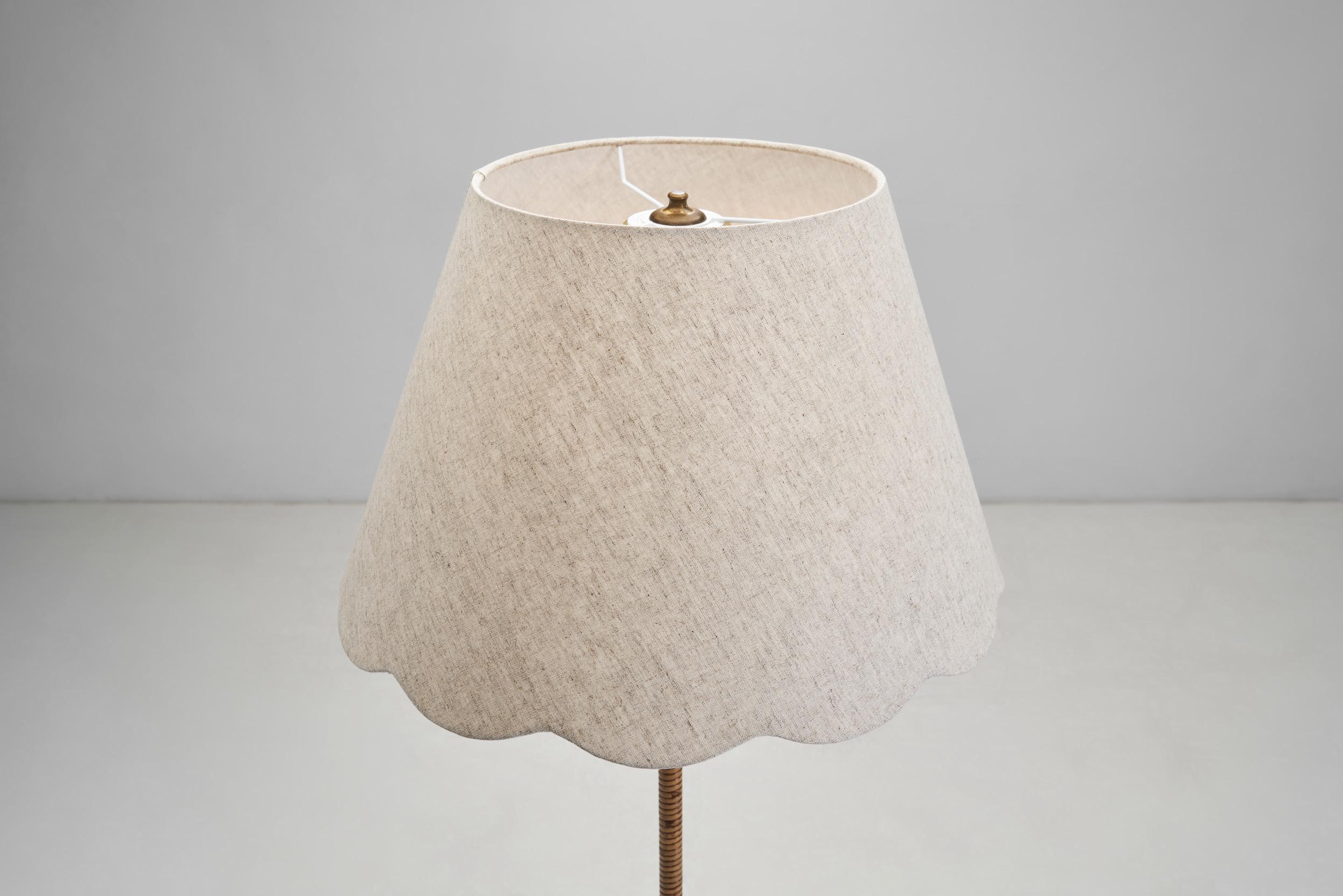 Brass and Rattan Floor Lamp with Spiral Decoration by Itsu, Finland 1950s 3