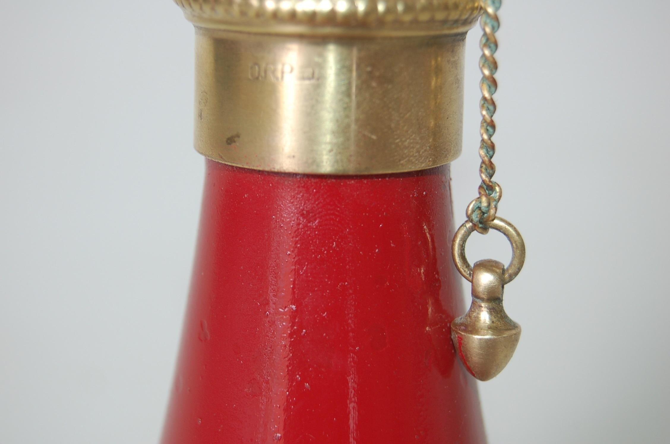 German Brass and Red Horn Shaped DRP Petrol Table Pull Chain Lighter by Zunder For Sale