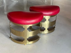 Brass and Red Leather Footstool Ottomans