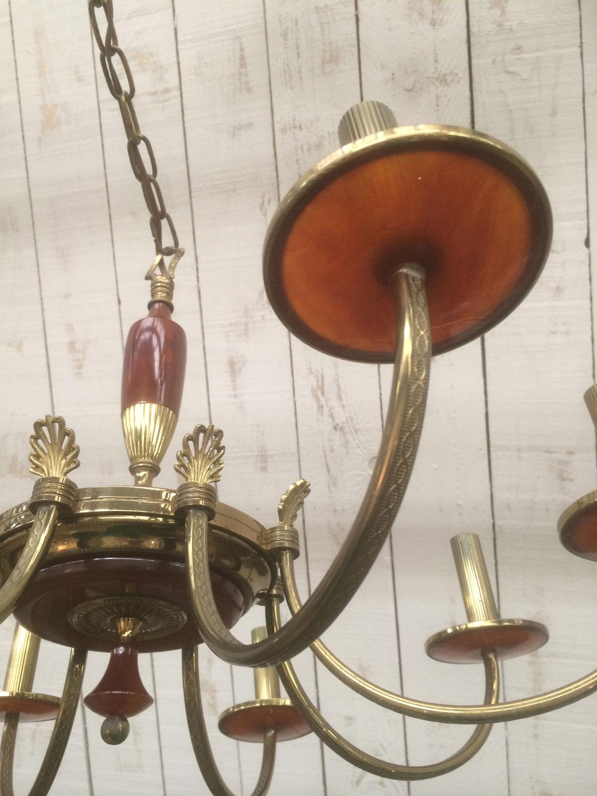 Brass and Red Lucite Chandelier, French, Circa 1940 For Sale 5