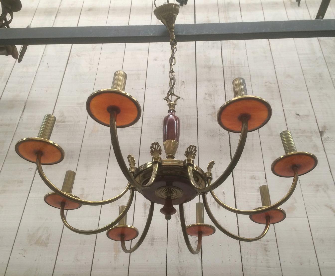 Brass and Red Lucite Chandelier, French, Circa 1940 For Sale 6