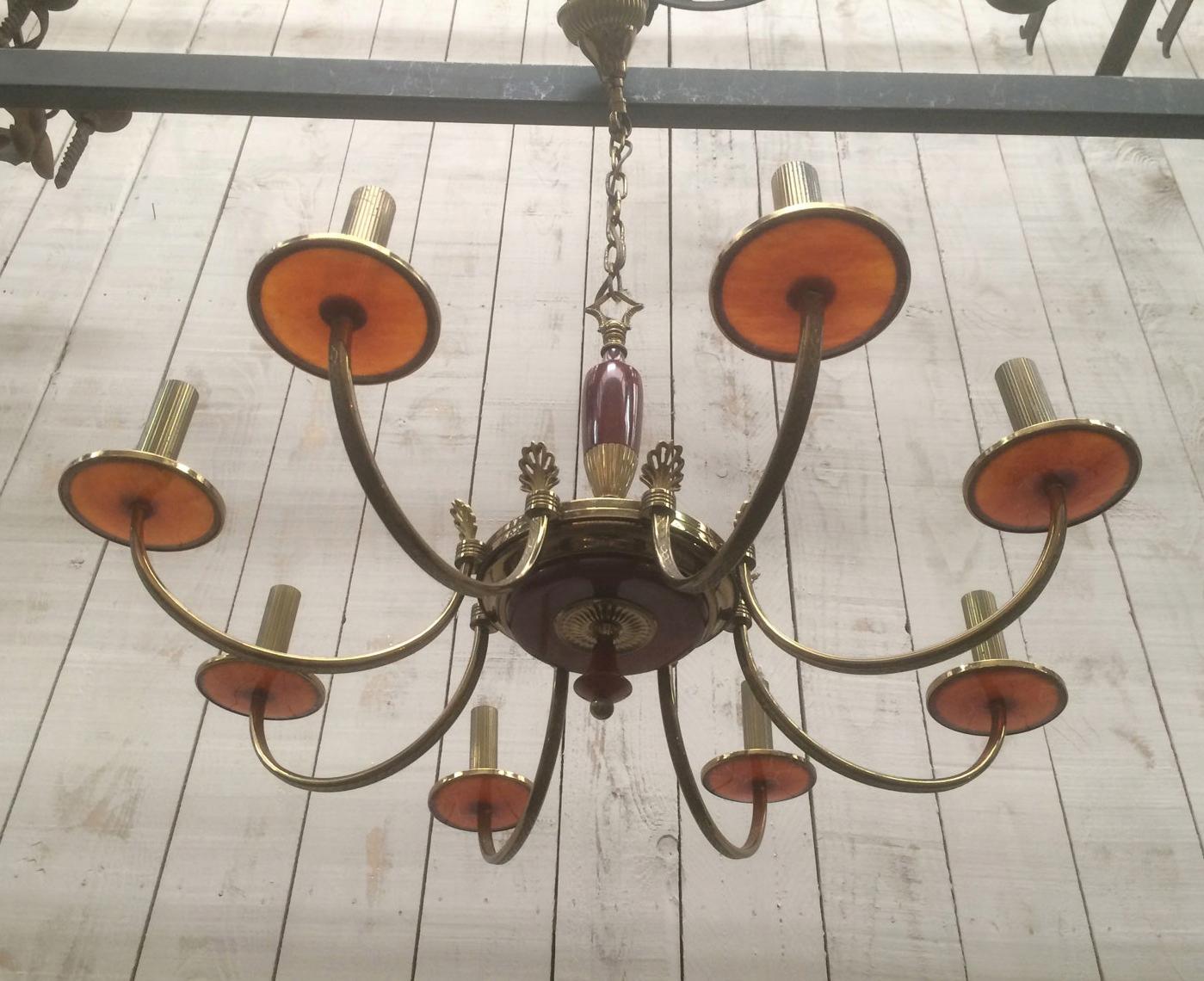 Brass and Red Lucite Chandelier, French, Circa 1940 For Sale 7