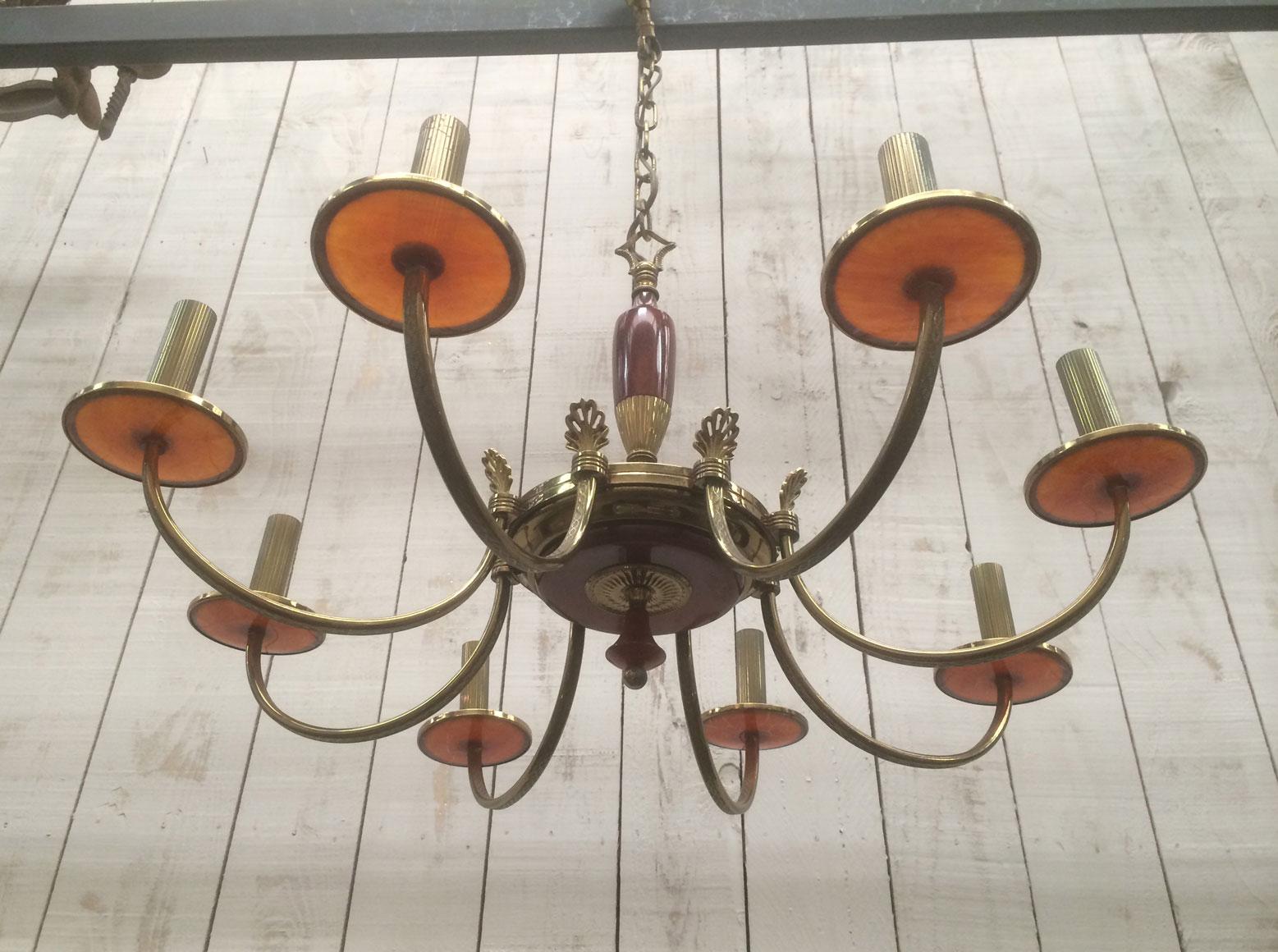 Brass and Red Lucite Chandelier, French, Circa 1940 For Sale 8