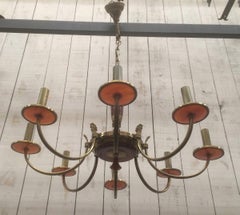 Brass and Red Lucite Chandelier, French, Circa 1940