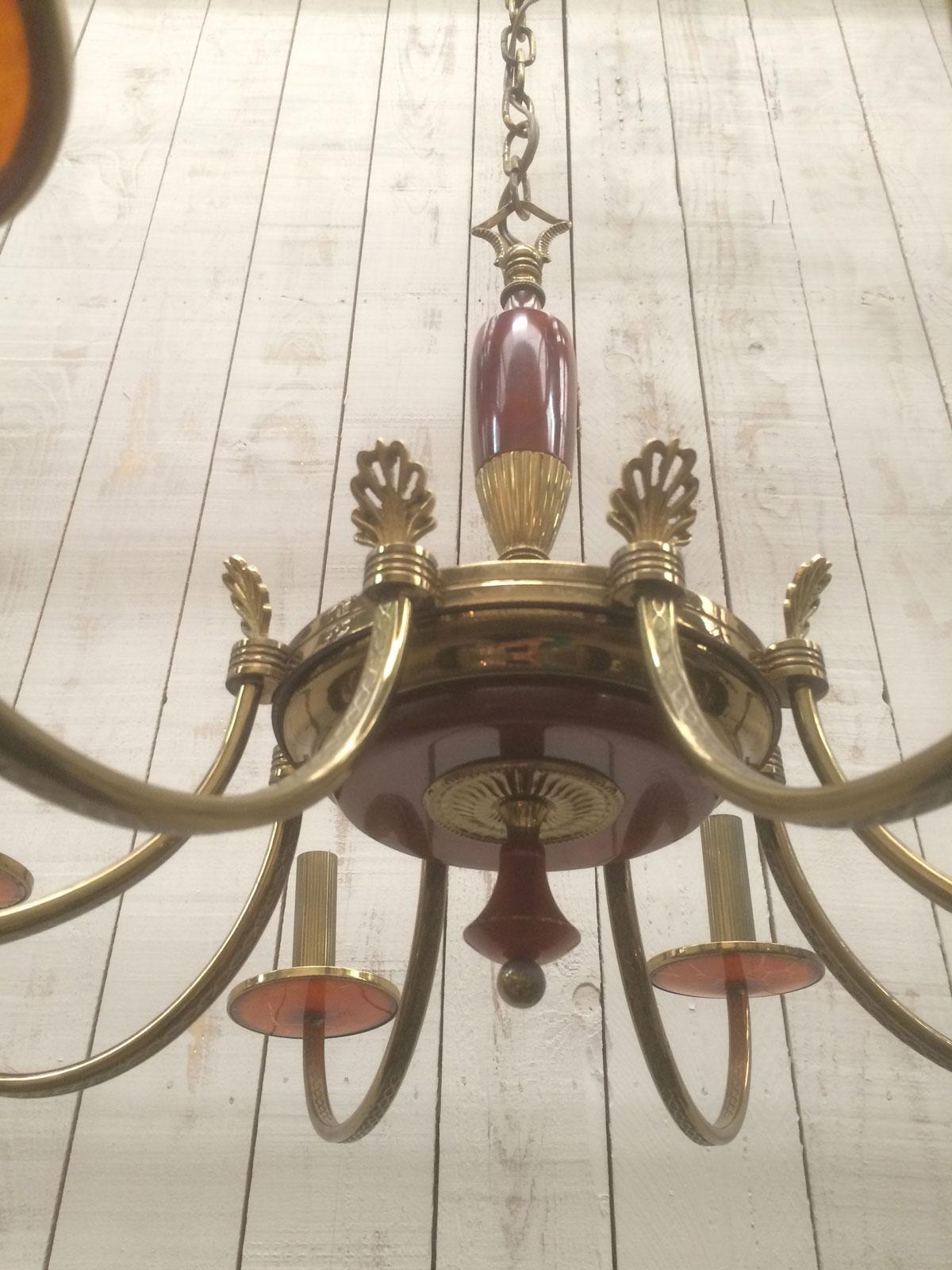 Neoclassical Brass and Red Lucite Chandelier, French, Circa 1940 For Sale