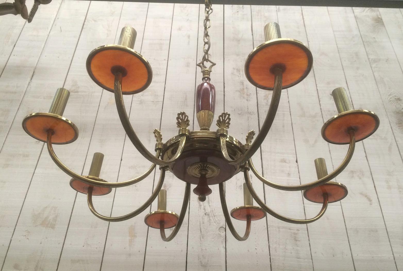 Mid-20th Century Brass and Red Lucite Chandelier, French, Circa 1940 For Sale