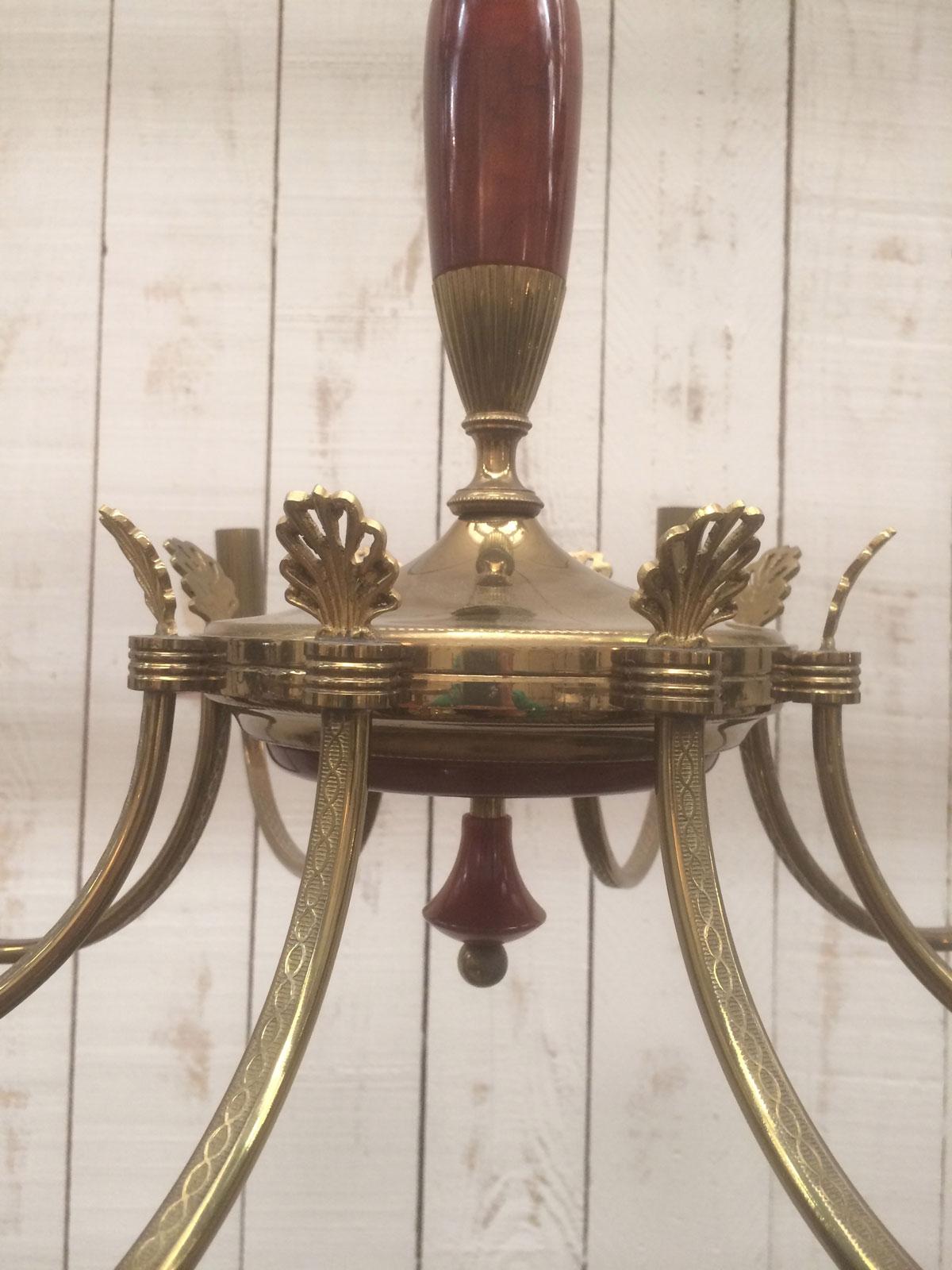 Brass and Red Lucite Chandelier, French, Circa 1940 For Sale 3