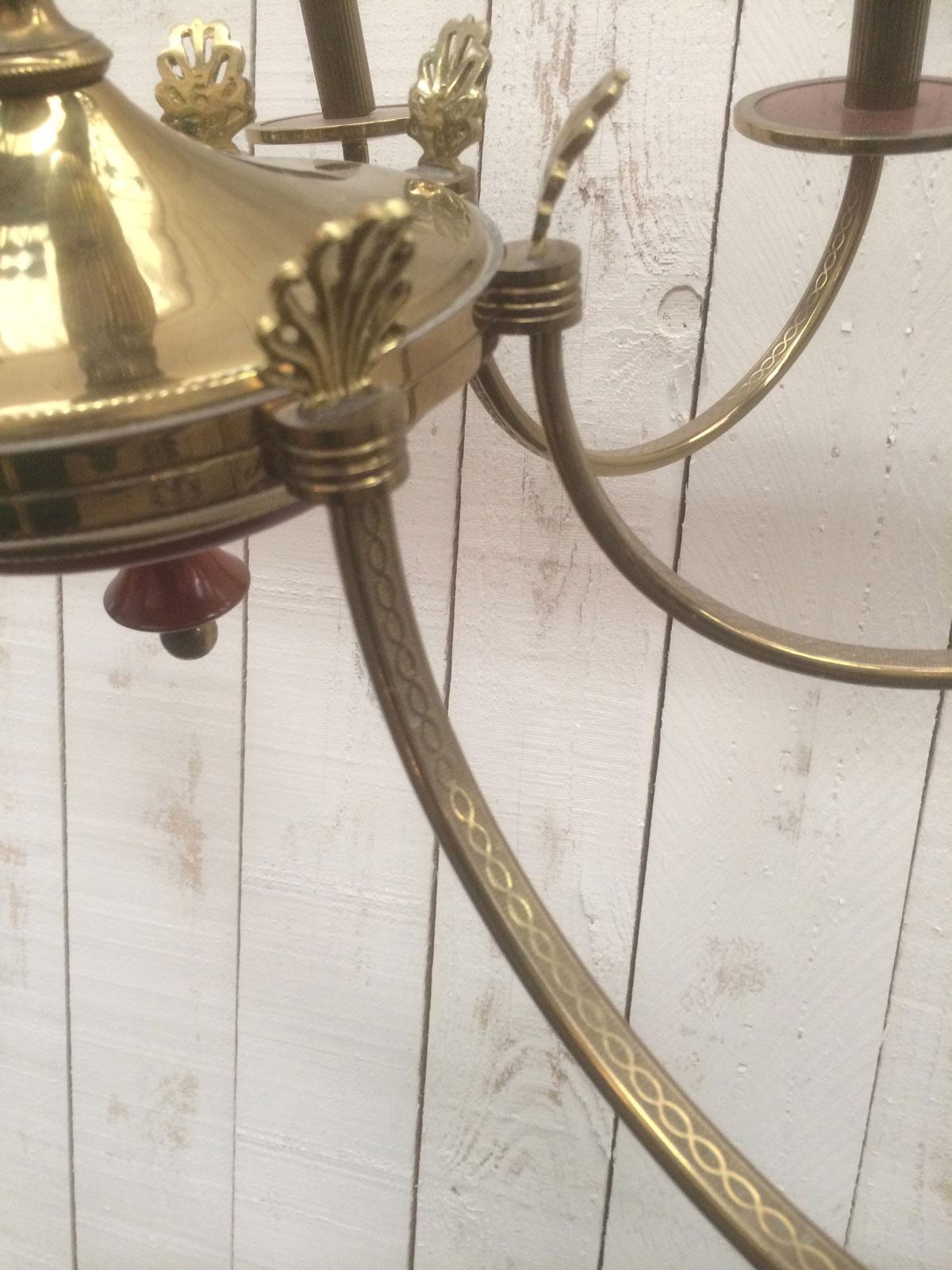 Brass and Red Lucite Chandelier, French, Circa 1940 For Sale 4