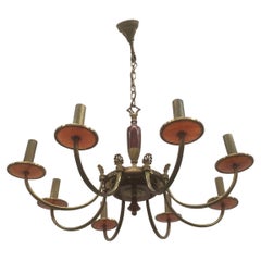 Lampadario in ottone e lucite rossa, Francia, 1940 circa