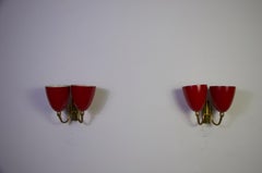 Brass and Red Midcentury Pair of Red Wall Lamps, 1960s, Italy