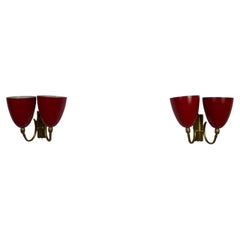 Brass and Red Midcentury Pair of Red Wall Lamps, 1960s, Italy