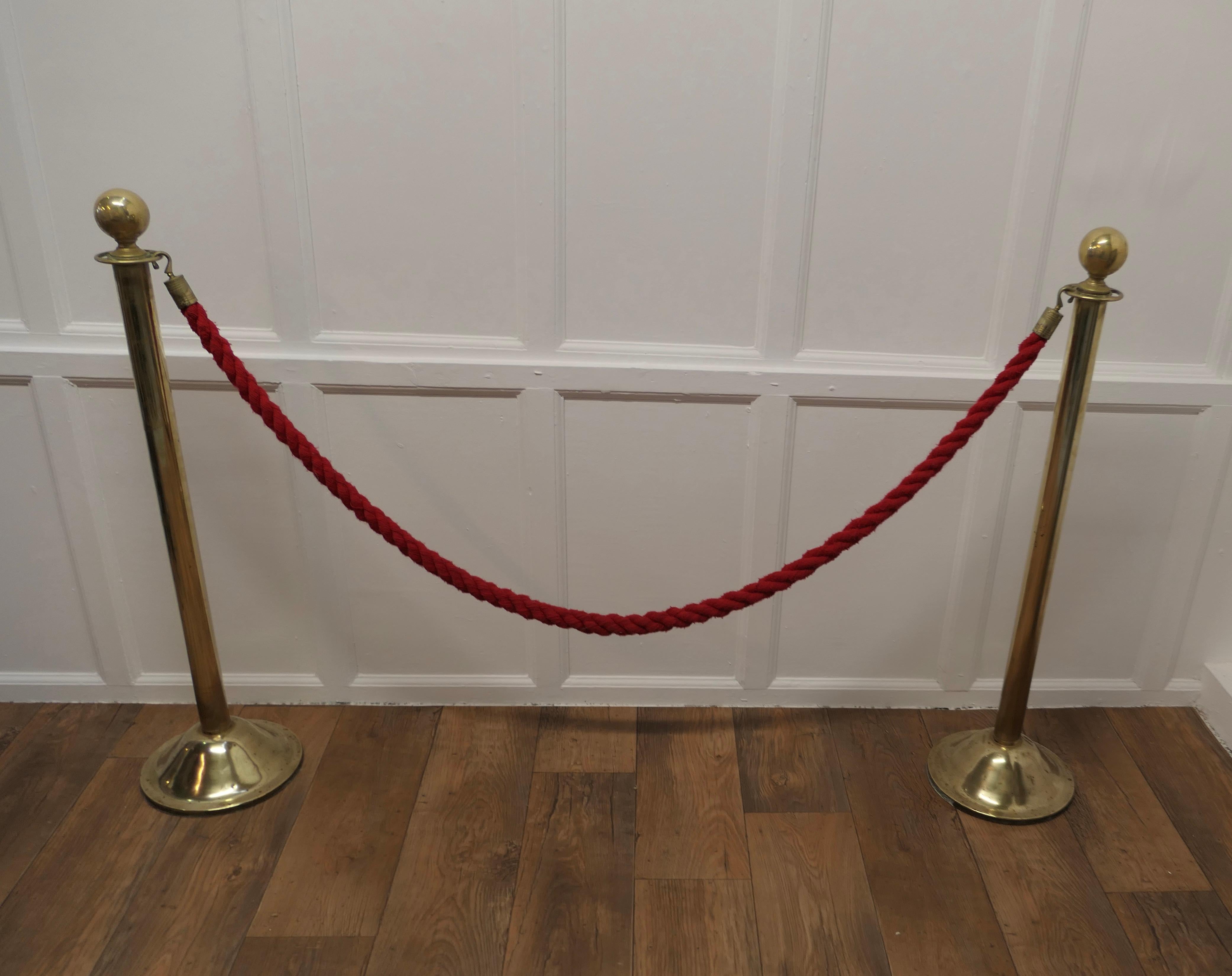 Brass and Red Rope Barrier 

A useful piece from an Old Theatre, the barrier is 2 brass columns with a red rope to joining them

The posts are 42” high and 11” in diameter at the bottom, the rope is 80” long overall

TMS35.