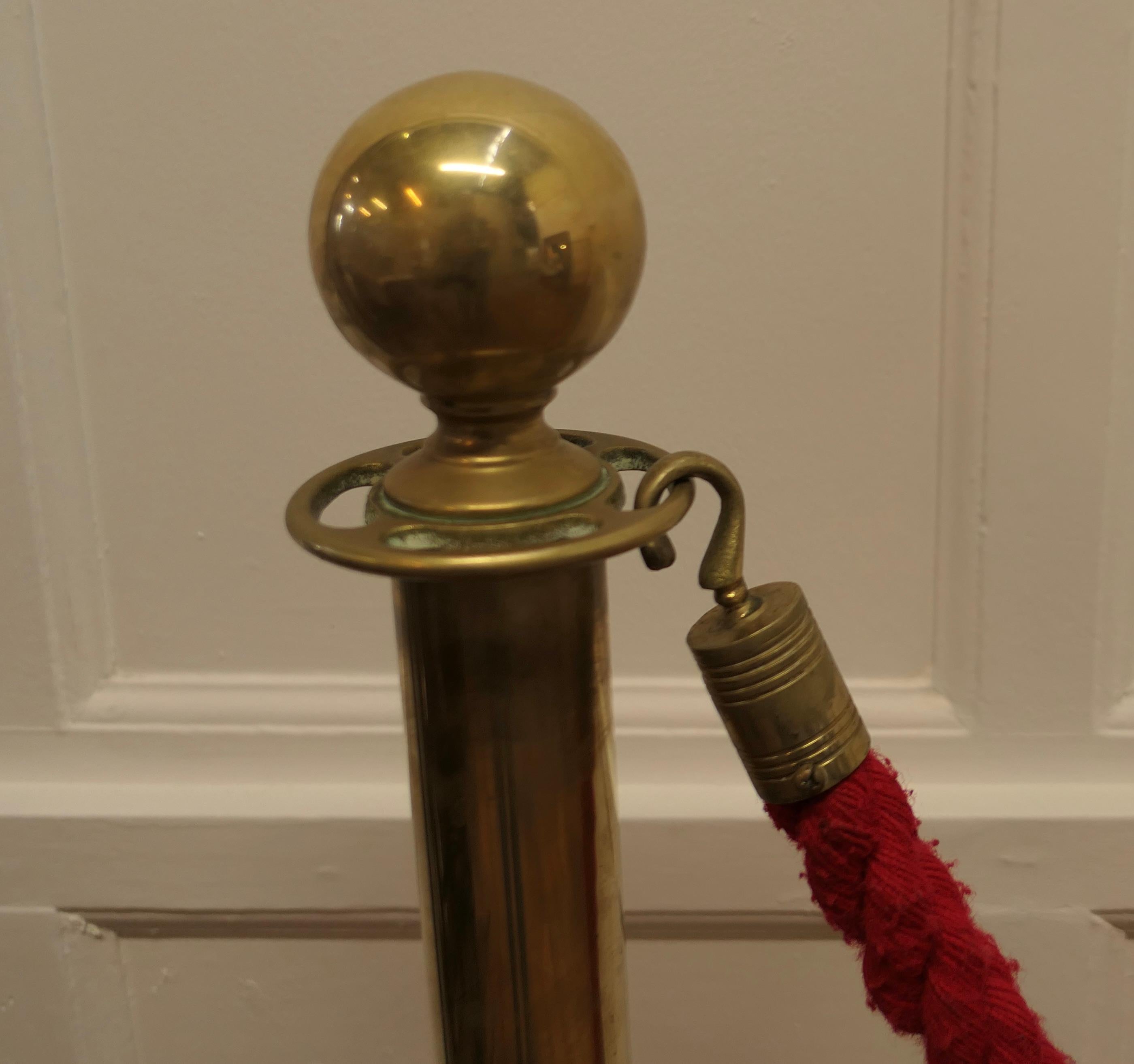 Art Deco Brass and Red Rope Barrier a Useful Piece from an Old Theatre For Sale