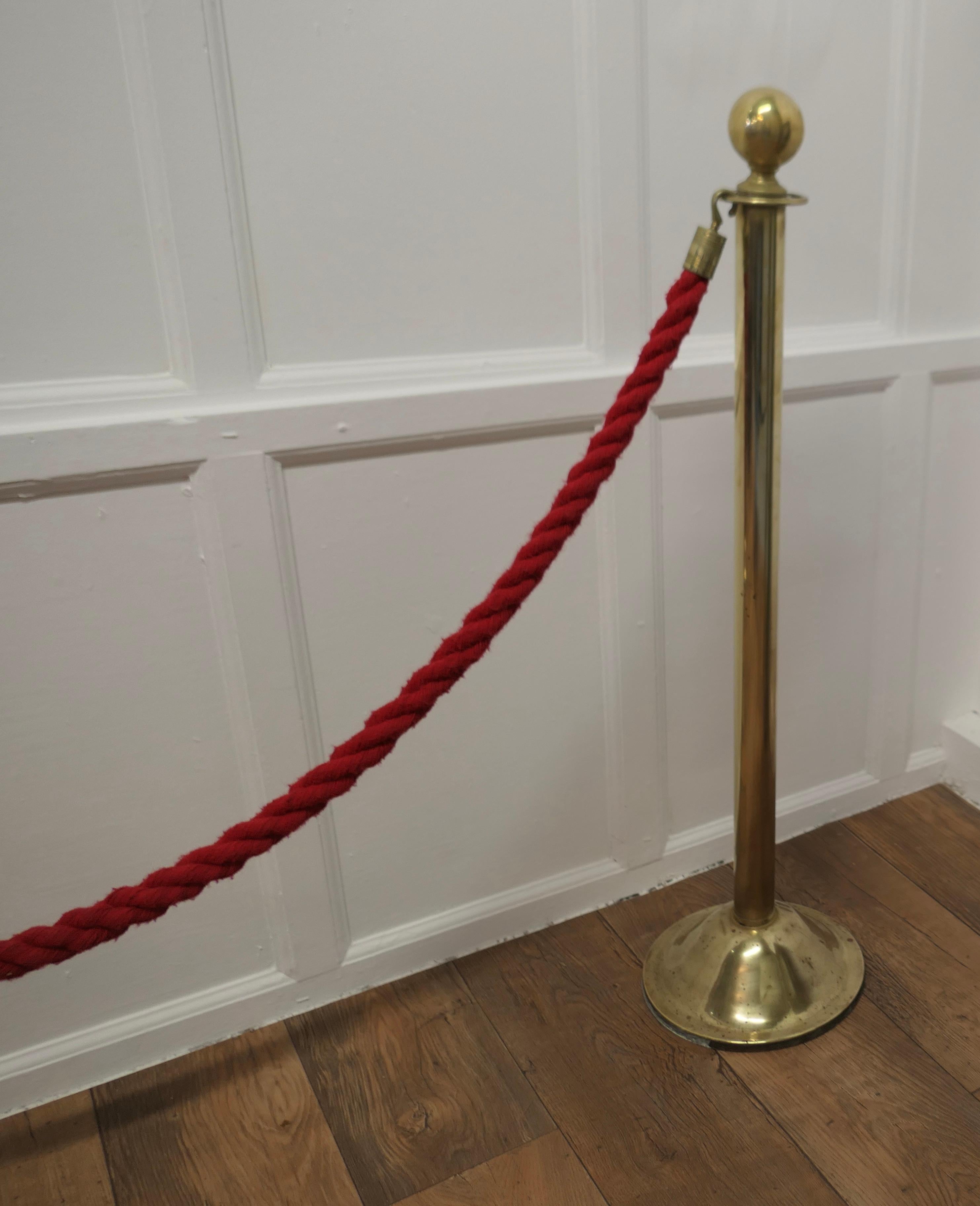 Mid-20th Century Brass and Red Rope Barrier a Useful Piece from an Old Theatre For Sale