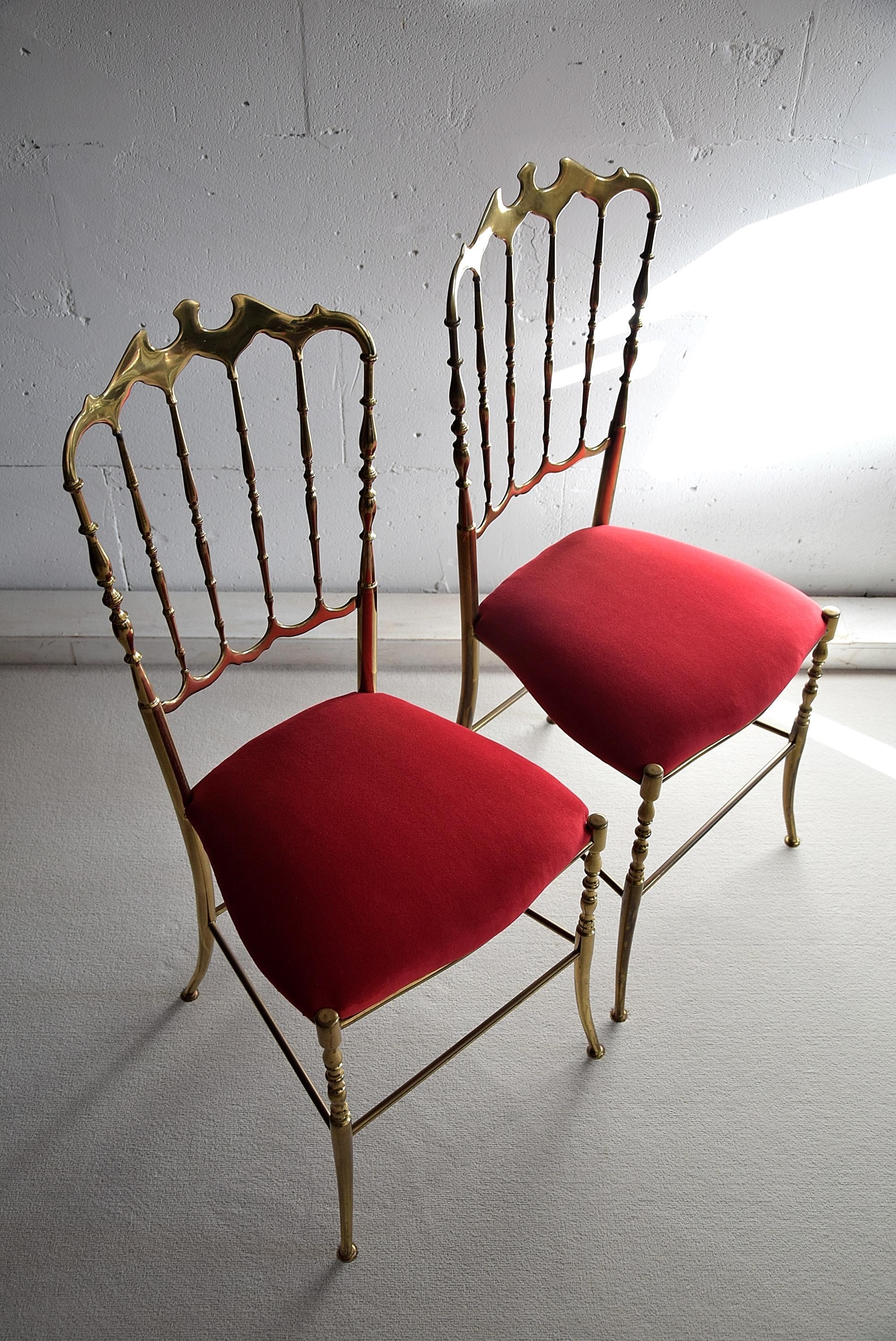 Brass and Red Velvet Midcentury Chiavari Chairs For Sale 4