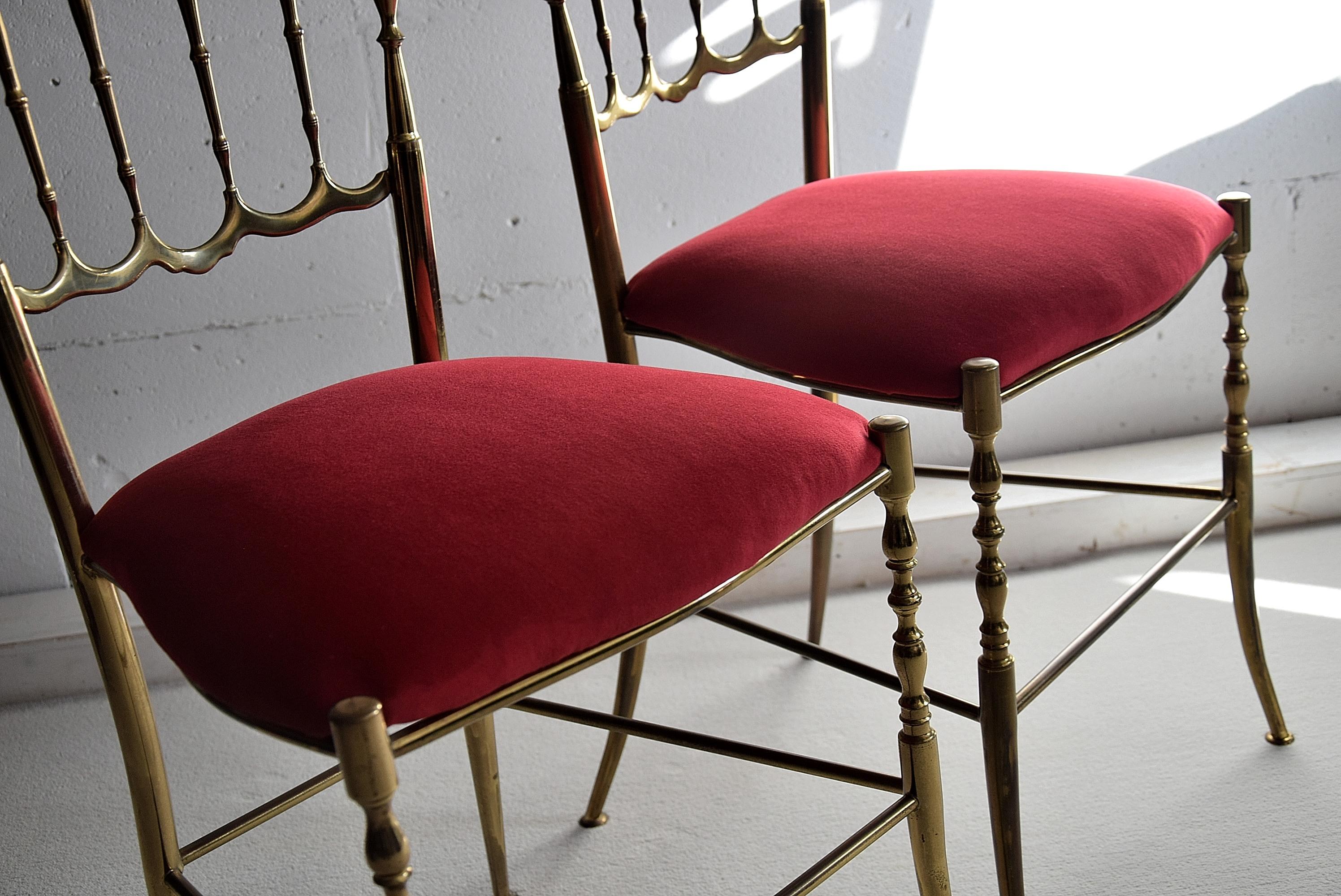 Italian Brass and Red Velvet Midcentury Chiavari Chairs For Sale