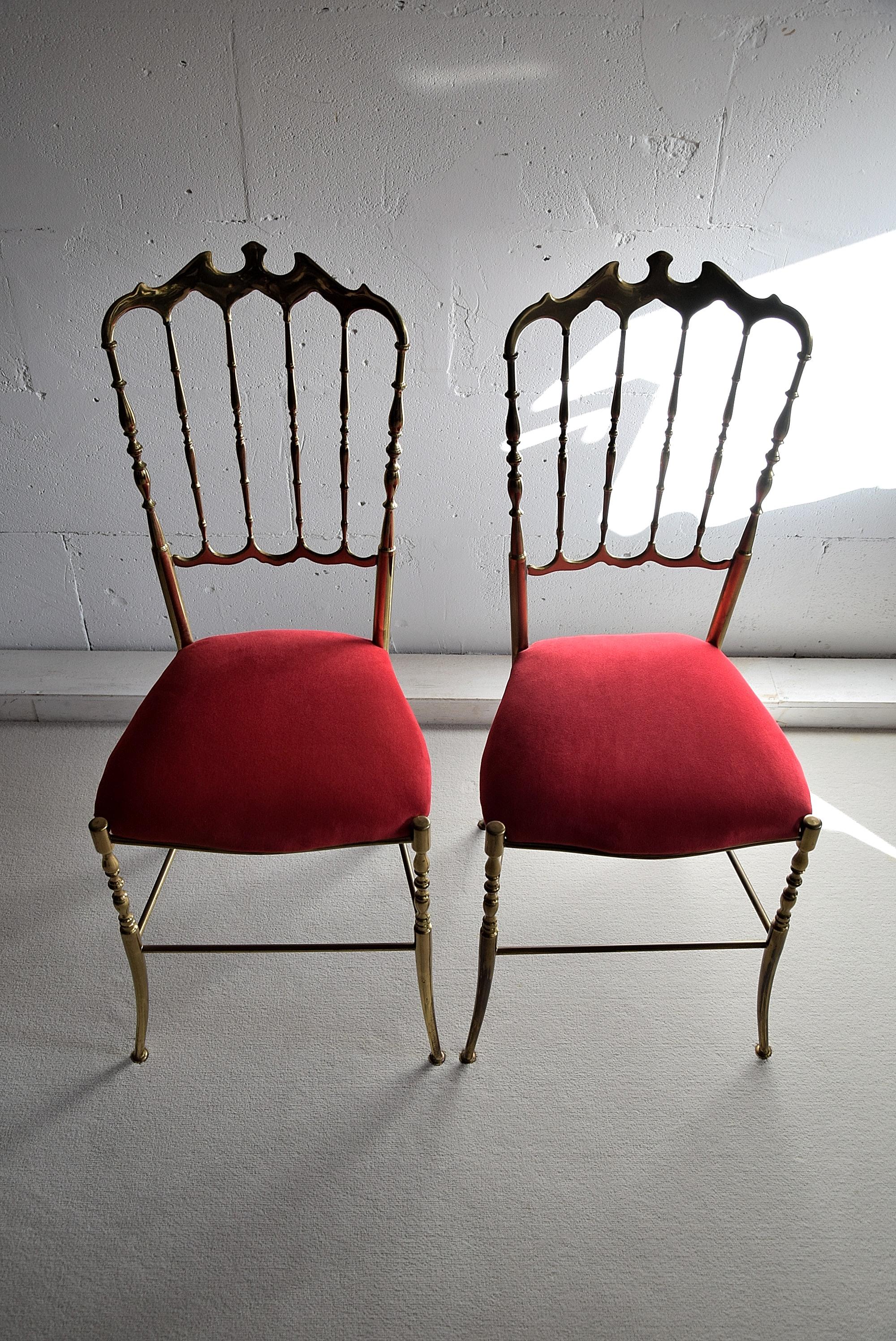 Mid-20th Century Brass and Red Velvet Midcentury Chiavari Chairs For Sale