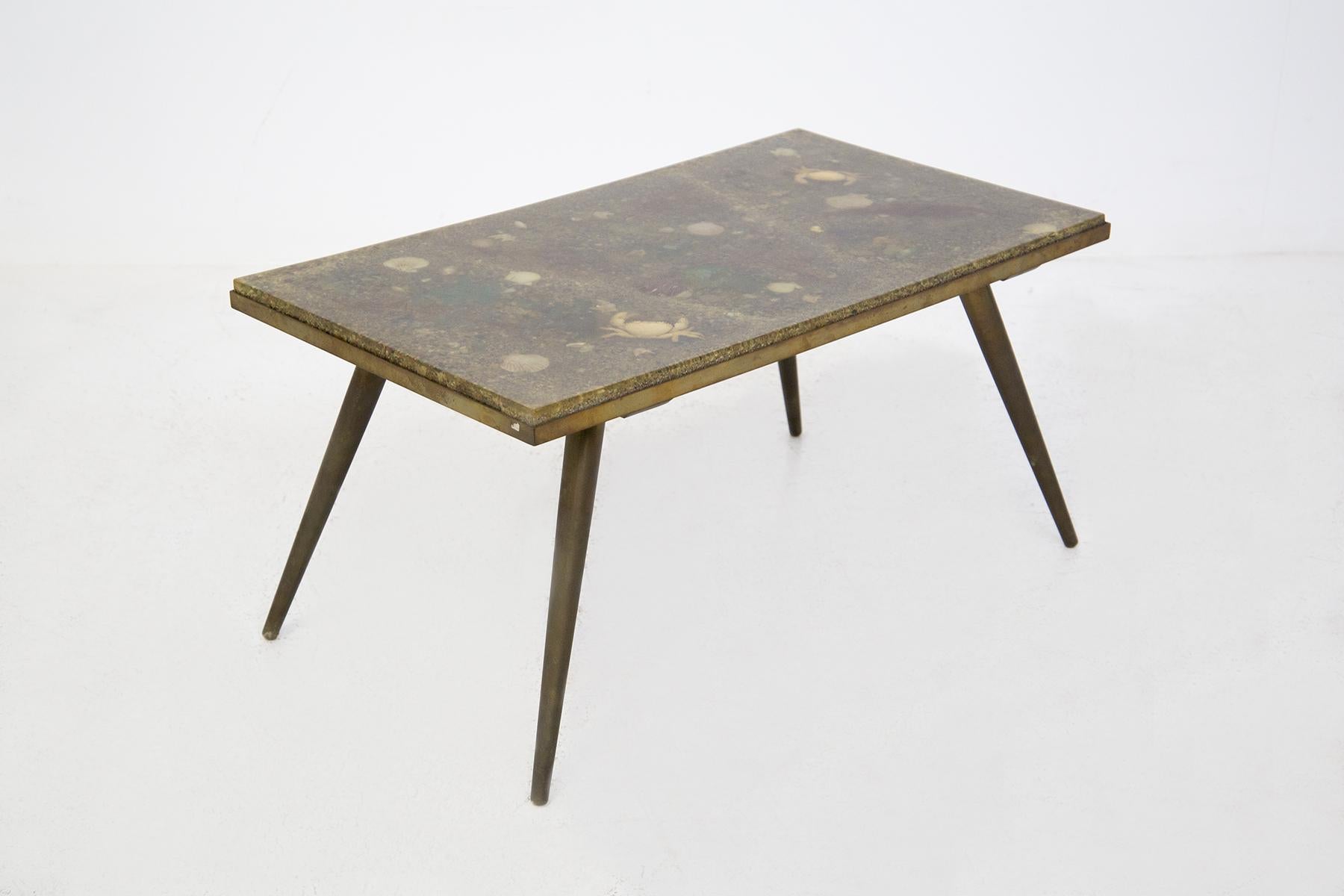 Italian Brass and Resin Vintage Coffee Table with Marine Fossils For Sale