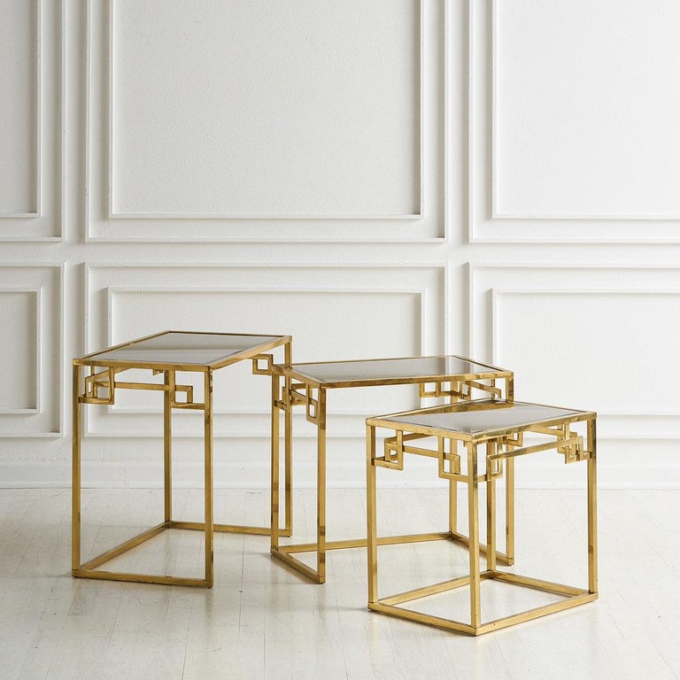 Brass and Rose Gold Italian Mirrored Glass Nesting Tables For Sale at