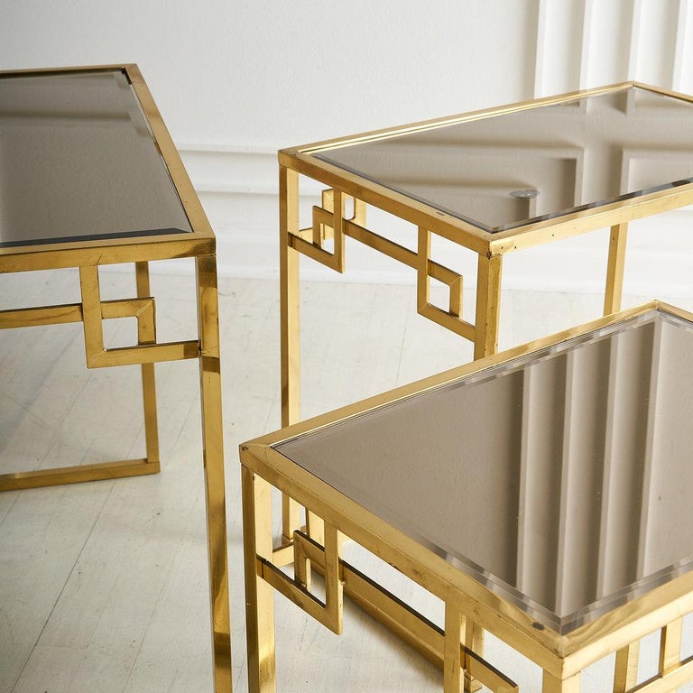 Brass and Rose Gold Italian Mirrored Glass Nesting Tables For Sale at