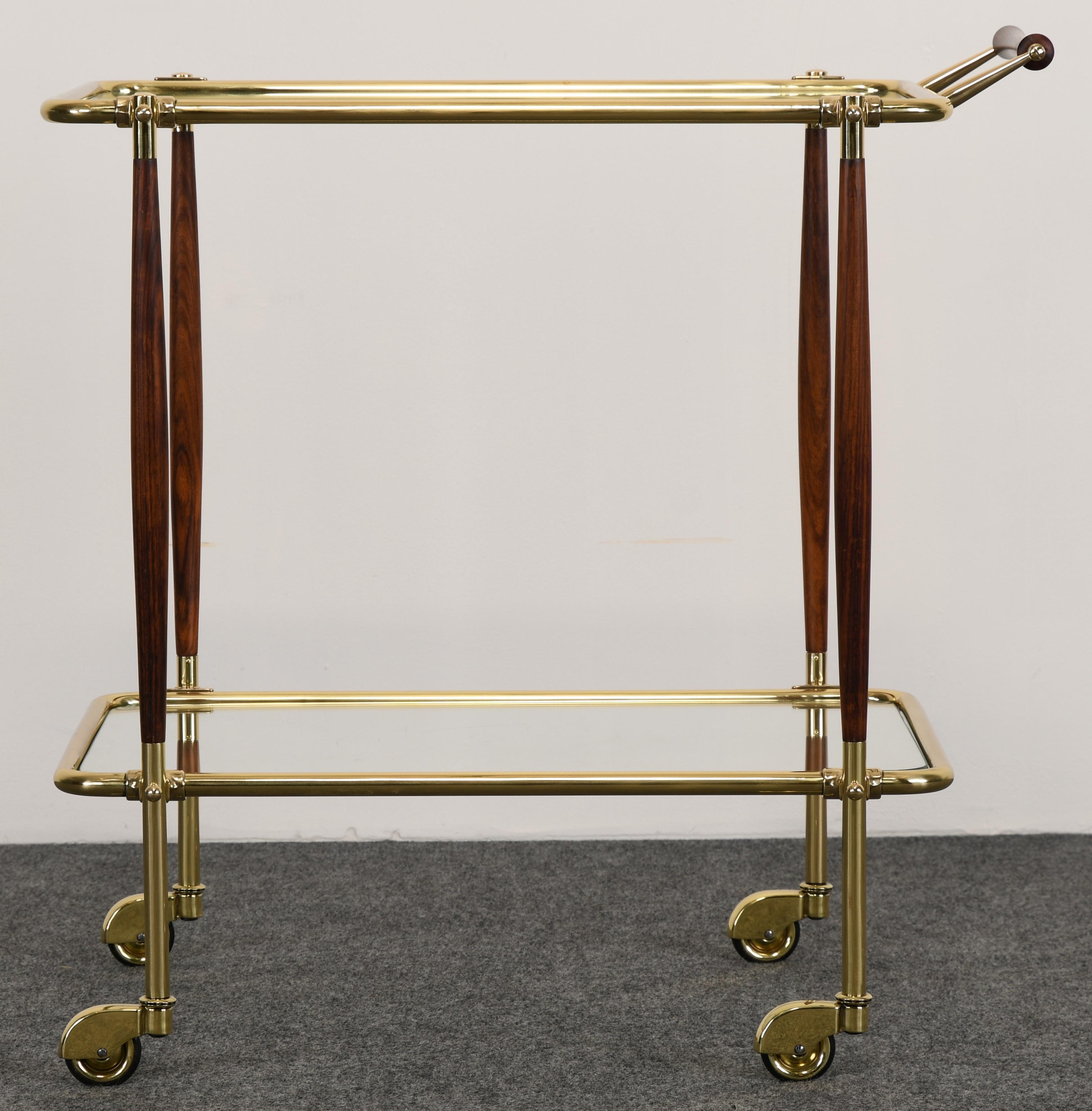 Mid-Century Modern Brass and Rosewood Bar Cart in the manner of Cesare Lacca, 1960s