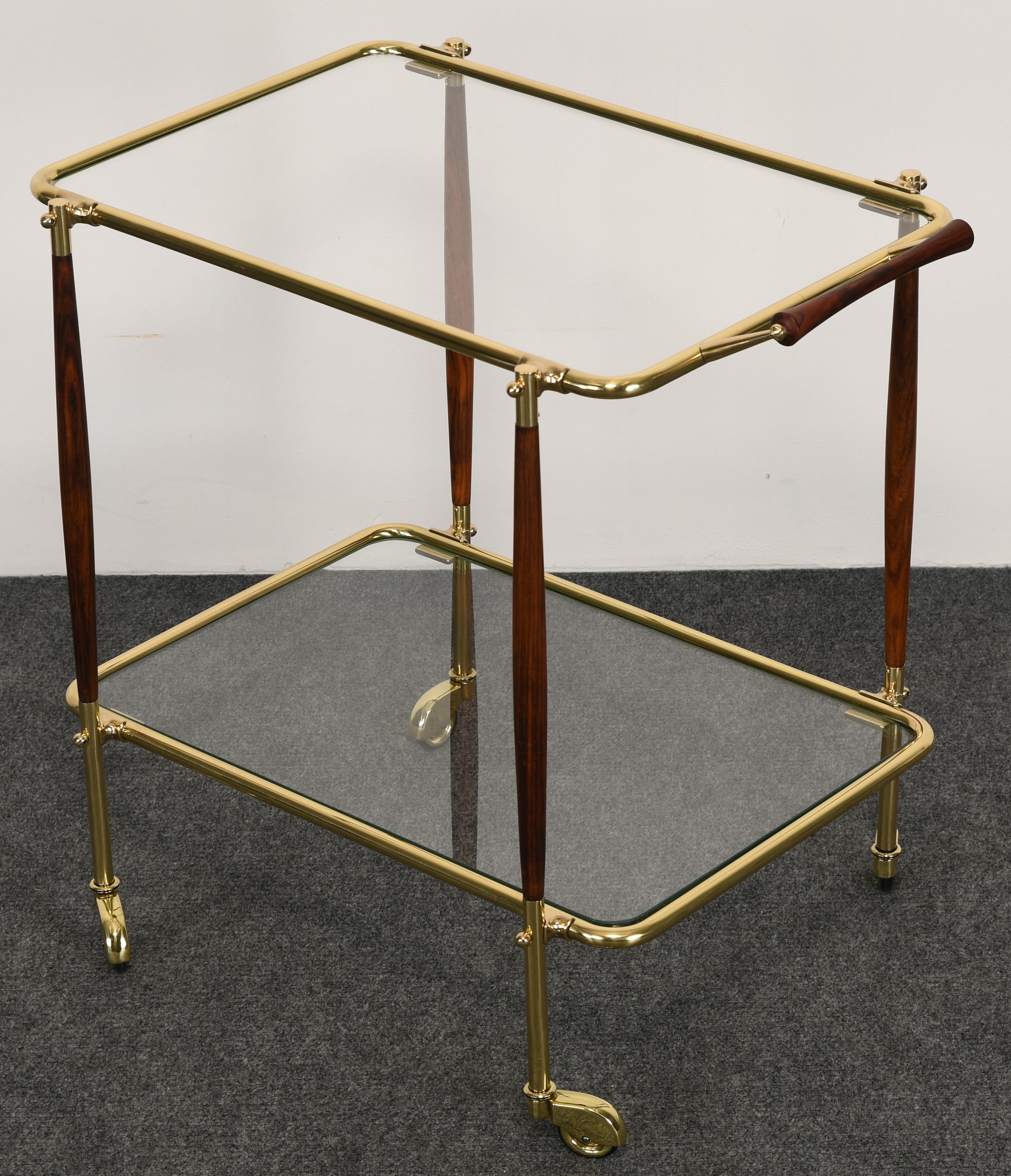 Mid-20th Century Brass and Rosewood Bar Cart in the manner of Cesare Lacca, 1960s