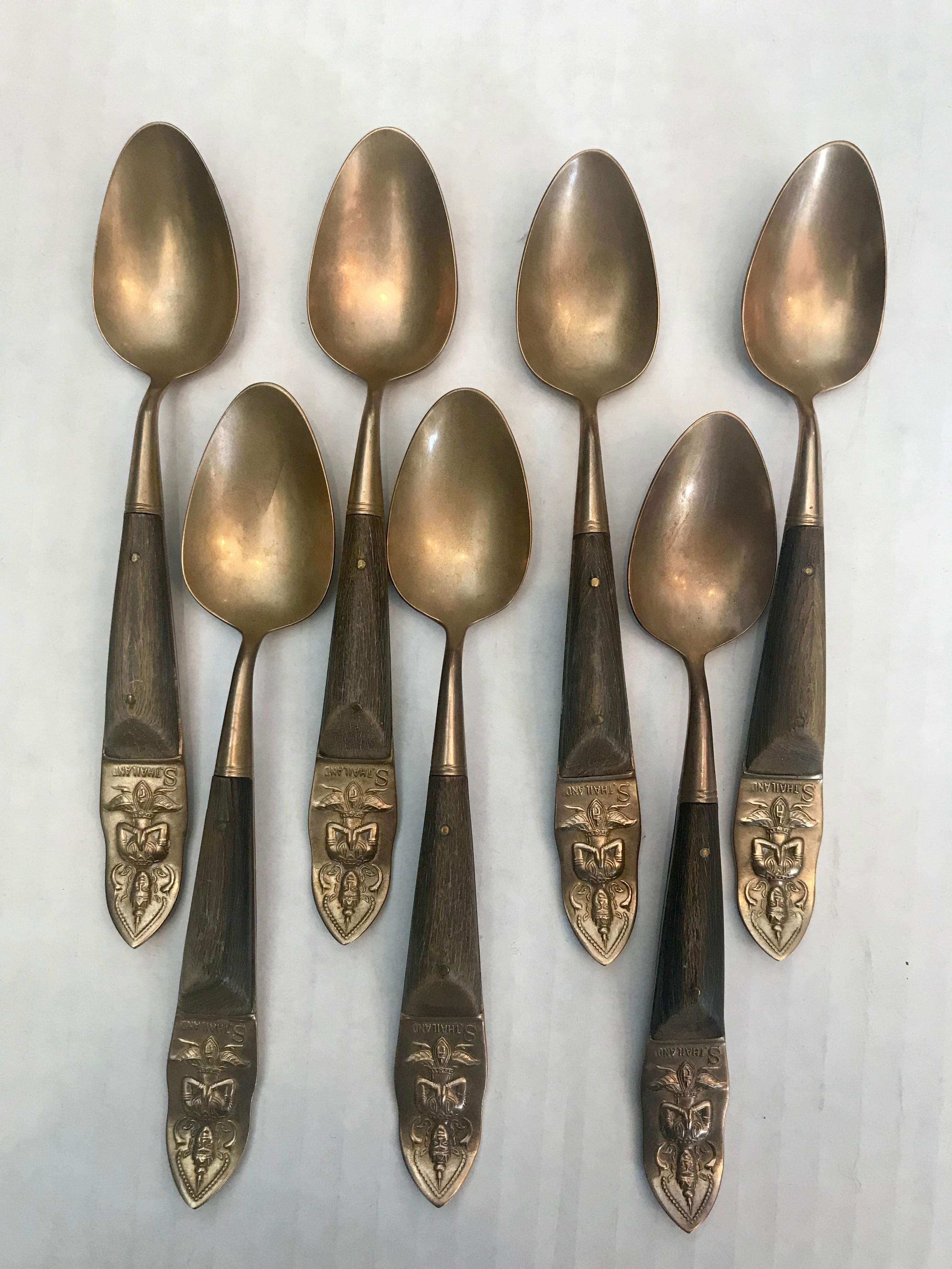 Brass and Rosewood Thailand Large Flatware Set In Good Condition In West Hartford, CT