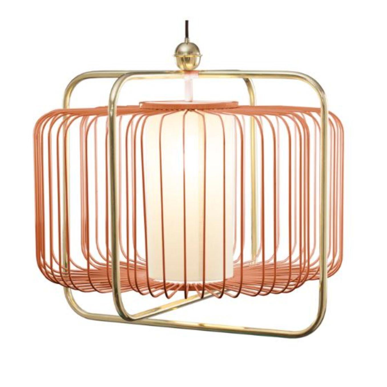 Brass and Salmon Jules I Suspension lamp by Dooq
Dimensions: W 63 x D 63 x H 57 cm
Materials: lacquered metal, polished or brushed metal, brass.
abat-jour: cotton
Also available in different colors and materials.