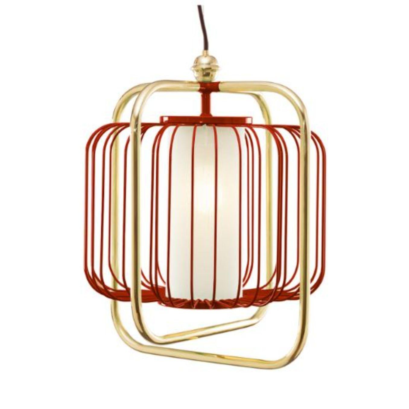 Brass and Salmon Jules III suspension lamp by Dooq.
Dimensions: W 38 x D 38 x H 44 cm.
Materials: lacquered metal, polished or brushed metal, brass.
abat-jour: cotton.
Also available in different colours and