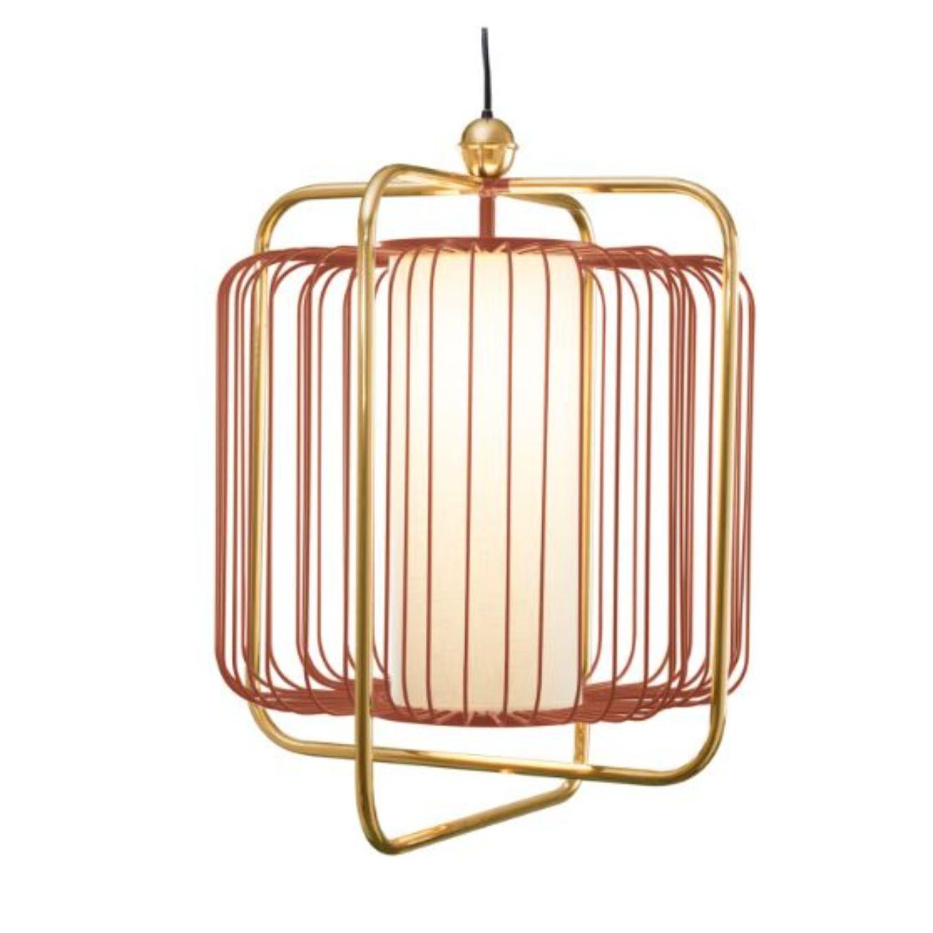 Brass and Salmon Jules Suspension lamp by Dooq
Dimensions: W 73 x D 73 x H 72 cm
Materials: lacquered metal, polished or brushed metal, brass.
abat-jour: cotton
Also available in different colors and materials.