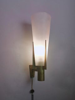 Vintage Brass and Satin Glass Conical Wall Sconce by Stilnovo Model 2021, Italy